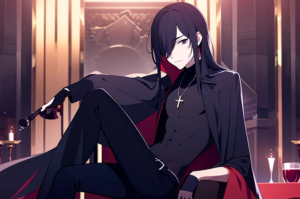 3 man sitting, aesthetic, bar in brown colors. Weak warm light
1boy, black eyes, black hair, black shirt, closed mouth, cross, cross necklace, grey eyes, hair over one eye, jewelry, multicolored hair, necklace, short hair, turtleneck, wery big black coat, wery long coat. Holds in his hands a glass glass with pomegranate red translucent juice
1 man with wery long black hair and red eyes. clothed in black sleeveless bodysuit, jeans. Holds wine in a glass goblet, in glass is a cinnamon stick 
1 man with short blond hair and two long strands of hair on the sides of his face, in the middle of the bangs, the strand is black. black eyes. big blue coat, white t-shirt, black. turtleneck, black jeans. Holds wine in glass goblet, in the glass there is a cinnamon stick.
New Year's aesthetics