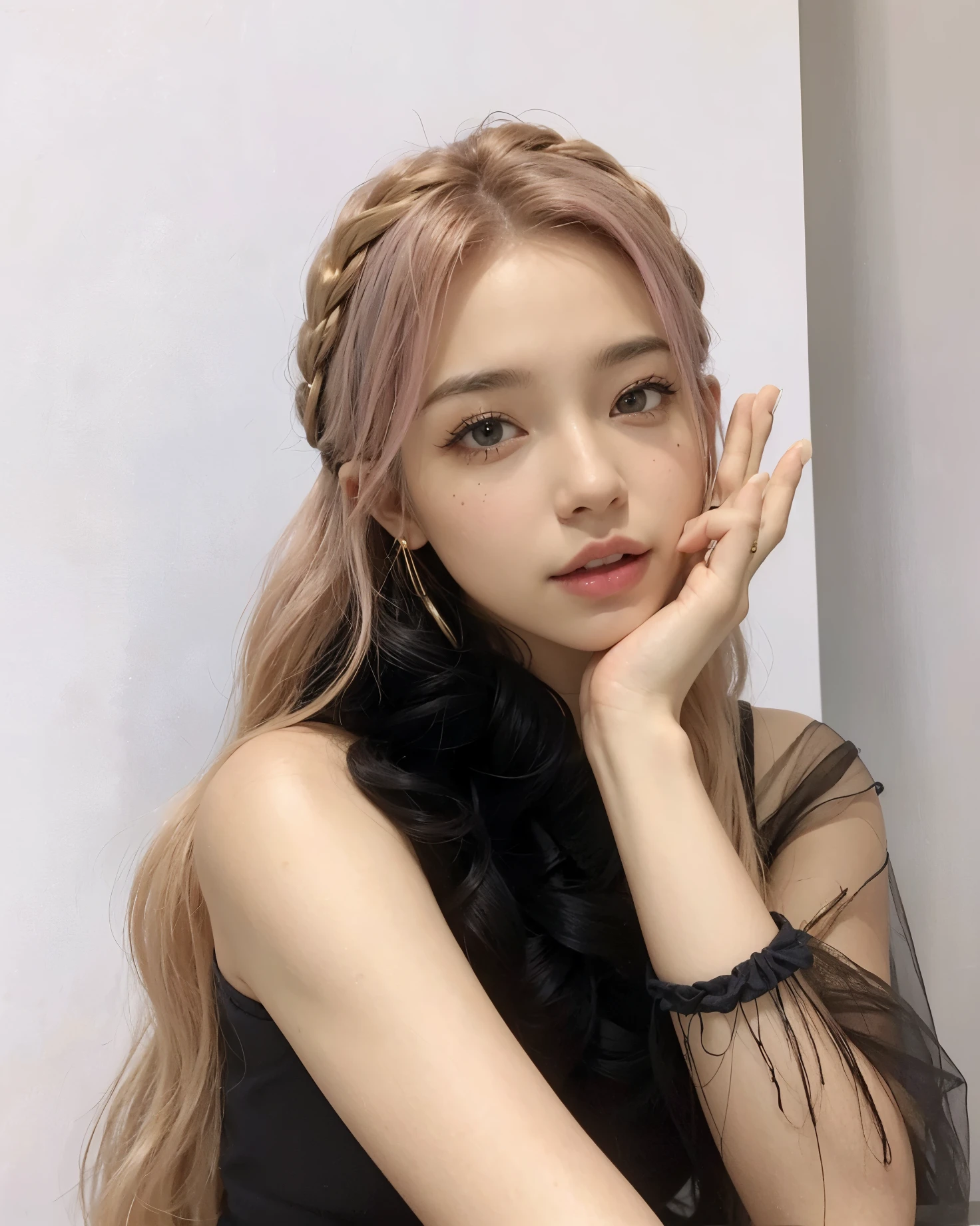 1 chica, (cabello iridiscente, cabello colorido, half azul and half pink hair: 1.2), 17 years old, azul_cielo, holding a magic wand, verano (marsEn), petals_En_liquid, Capa negra con capucha, vestido rasgado rojo y negro, falda: 1.2, (gold lEng curly hair: 1.5), cielo, exterior, Nubes, golpes, Sonrisa, cielo azul eyes, hombros descubiertos, manos perfectas, detalles de la mano, Dedos reparados. pendientes, mar + Fondo, mirando_en_espectador, tiro de vaquero, Calidad superior, rico detalle, Calidad de imagen perfecta, amanecer