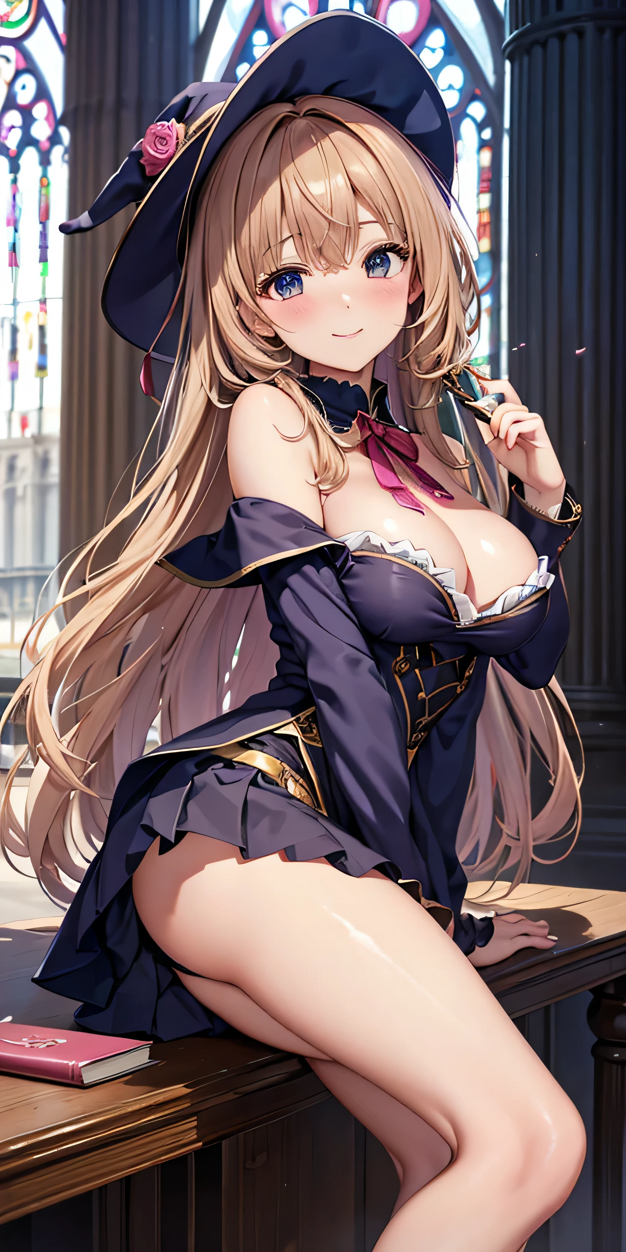 debris flies, highest quality, Highly detailed CG Unity 8K wallpaper, sexy witch , long dark blonde wavy hair、off shoulder knit, dark blue pleated skirt, stockings、medium breasts, saggy breasts, Pose that emphasizes the chest, blush, shy smile, bare shoulders, (pink lace panties、pink good、open your legs wide）、、nice magic book、Cathedral of the Church、Put your hand on the pillar and turn around、stick out your butt、I can see all your butts、