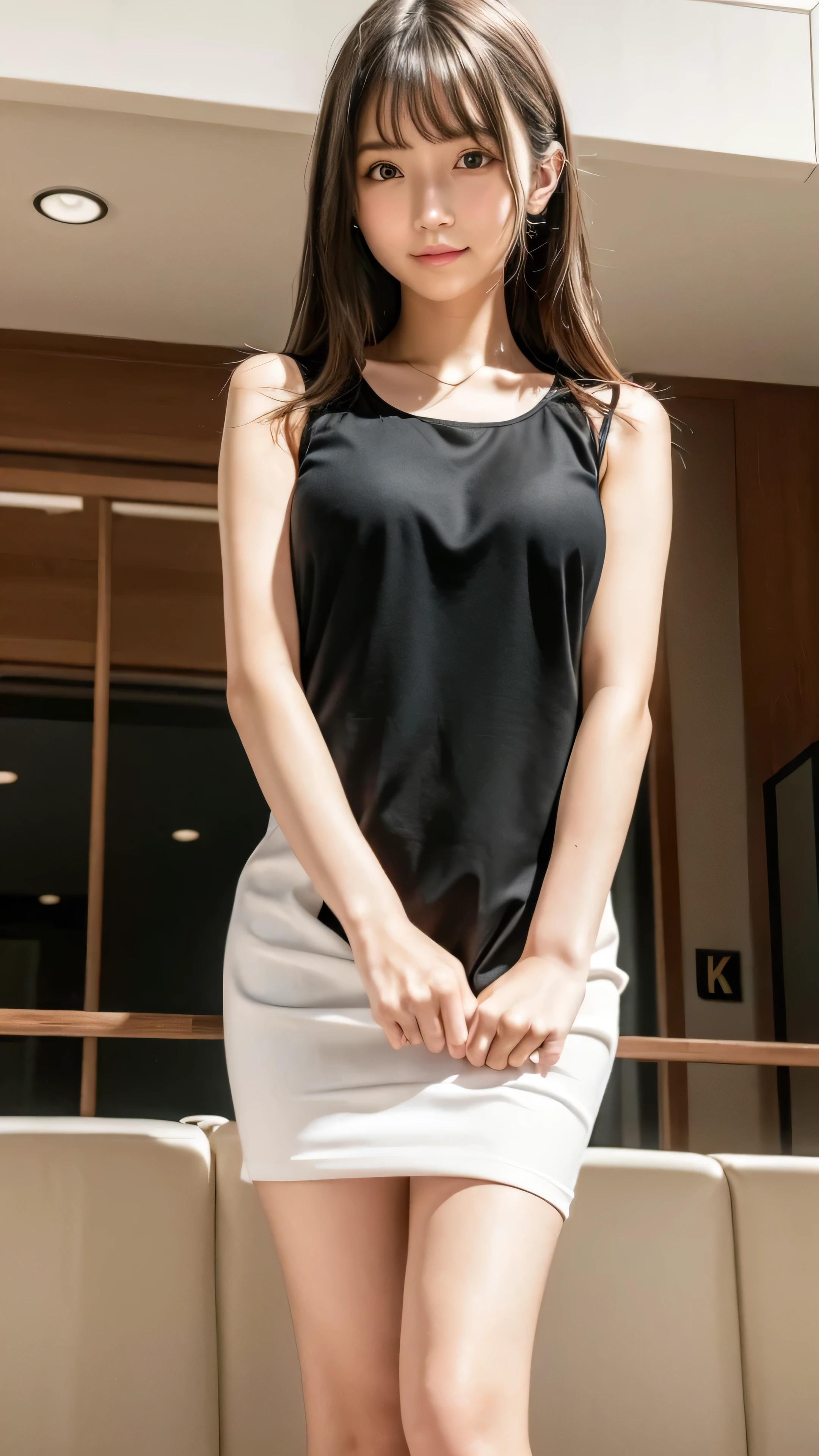 (Anyway cute girl)、（20-year-old）(Are standing:1.4),(look at the camera)、(alone)、(surreal), (figure), (High resolution), (8K), (very detailed), (best figure), (beautiful and fine eyes), (highest quality), (Super detailed), (masterpiece), (wallpaper), (detailed face),(((one girl)))、(((looking at the viewer:1.2)))、(Korean、Japanese、Chinese:0.3)、gentle smile、surrealな、(Big eyes)、(double eyelid)、(((sexy and classy mini skirt dress))),bodycon、((highest quality、8K、masterpiece:1.3))、whole body、from below:1.2、Panty shot:1.5、(ultra High resolution:1.2)、big breasts、(white skin:1.2),(bright lighting)、I can see my pants:1.5