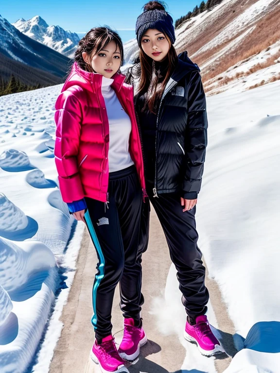 very detailed、masterpiece、(snow mountain background):1.3、a woman in a (white down vest at northface):1.4, white puffer vest and black pants posing for a picture, model is wearing techtical vest, sportswear, sportswear, かわいいsportswear, nanocarbon-vest, white!!, white coat, tech wear women pictures, 2 techwear women, catalog photo, stylish coat for rave, full body photo, future inflatable jacket, Miko, Kim Woo