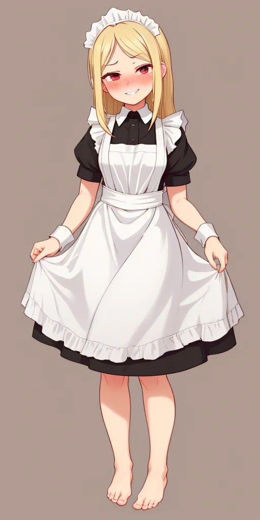 1girl, cute, ((Short black hair girl and long blonde hair girl)), maid victorian, maid apron, straight face, dazed, Body position: Standing, straight, symmetrical, barefoot, Lustful smile on face with red blush,
