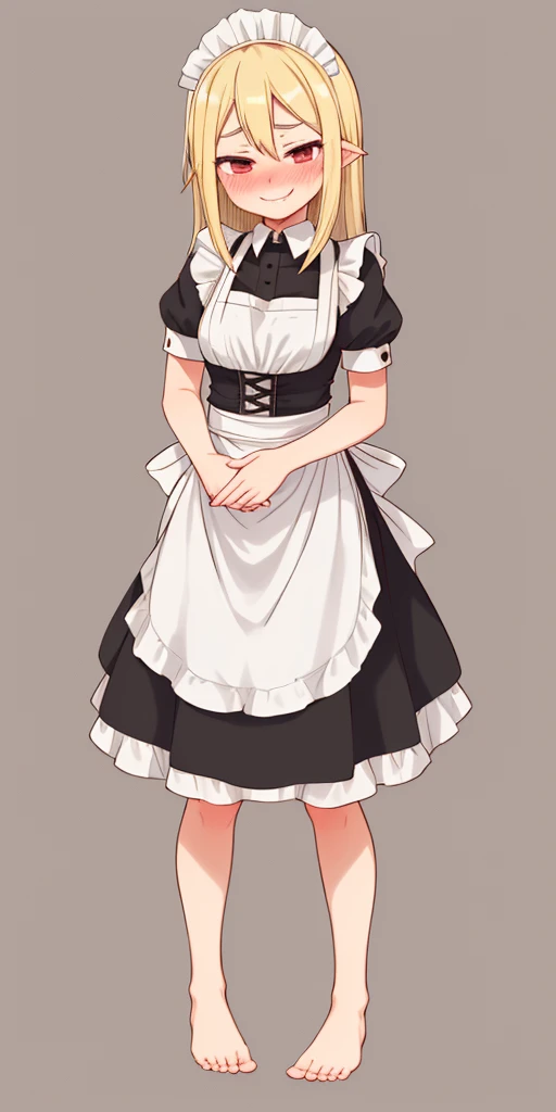 1girl, cute, ((Short black hair girl and long blonde hair girl)), maid victorian, maid apron, straight face, dazed, Body position: Standing, straight, symmetrical, barefoot, Lustful smile on face with red blush,
