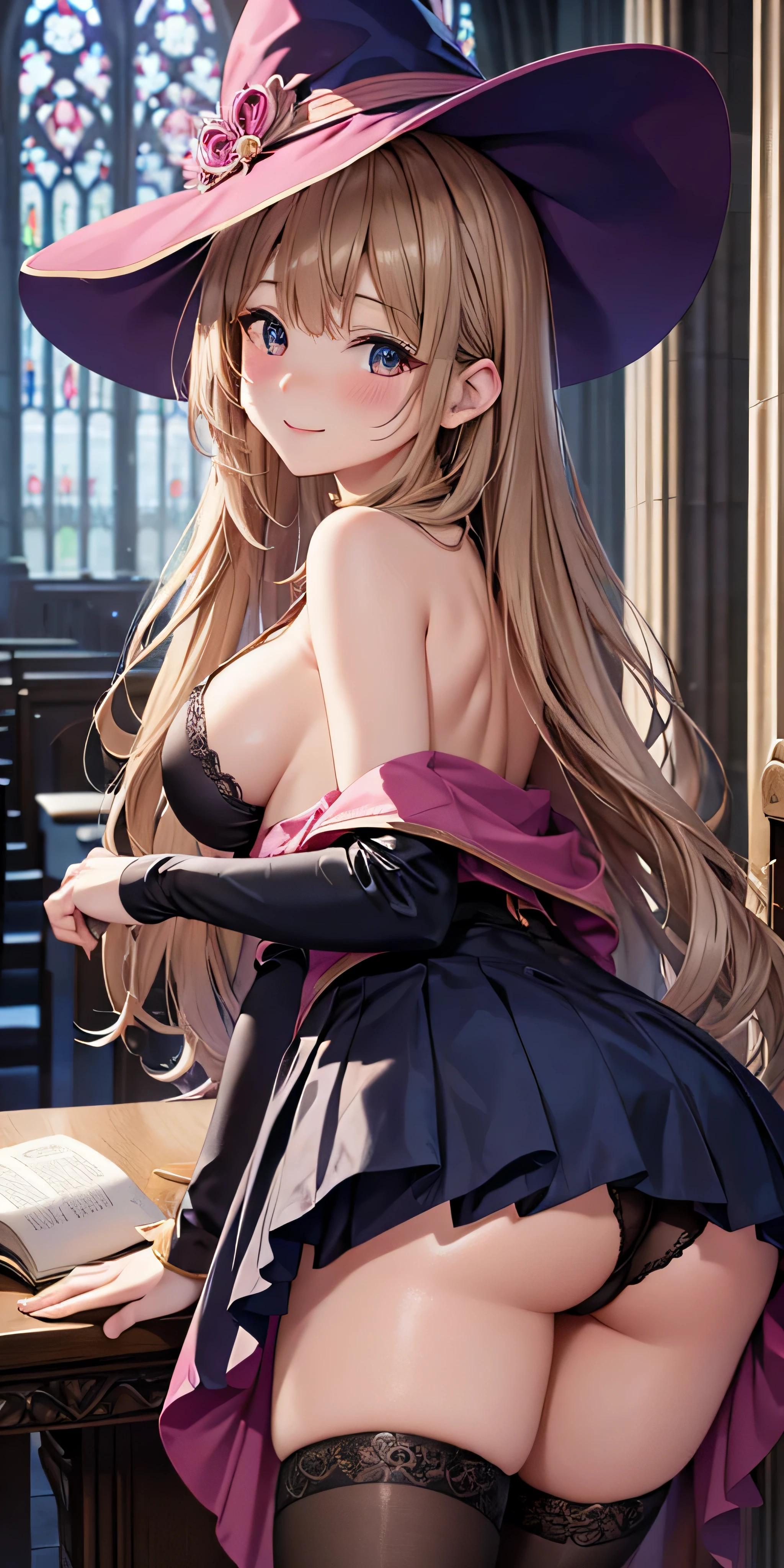 debris flies, highest quality, Highly detailed CG Unity 8K wallpaper, sexy witch , long dark blonde wavy hair、off shoulder knit, dark blue pleated skirt, stockings、medium breasts, saggy breasts, Pose that emphasizes the chest, blush, shy smile, bare shoulders, (pink lace panties、pink good、open your legs wide）、、nice magic book、Cathedral of the Church、Put your hand on the pillar and turn around、stick out your butt、I can see all your butts、