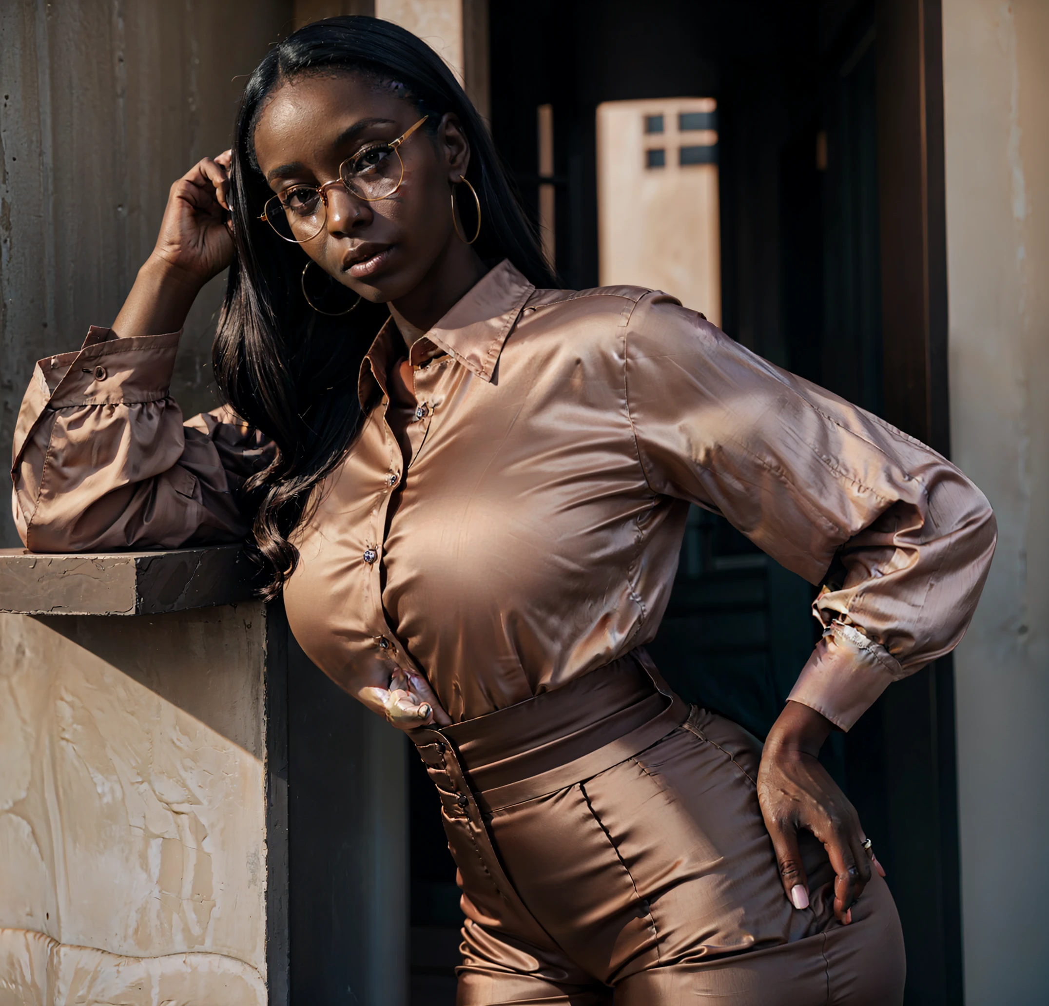 Pretty Dark skin woman in an long shirt, big brown eyes, rounded hips, high waist satin trouser, glasses, butt to camera