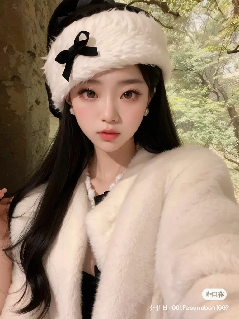 Un primer plano de una mujer con un abrigo de piel y un sombrero, ulzzang, pale, snow-white skin, muchacha coreana, pale korean adorable face, bella delfina, Jinyoung Shin, joven y adorable rostro coreano, dilraba dilmurat, peinado de corte hime blanco, hermosa joven coreana, kim doyoung, jisoo de blackpink, hermosa mujer surcoreana