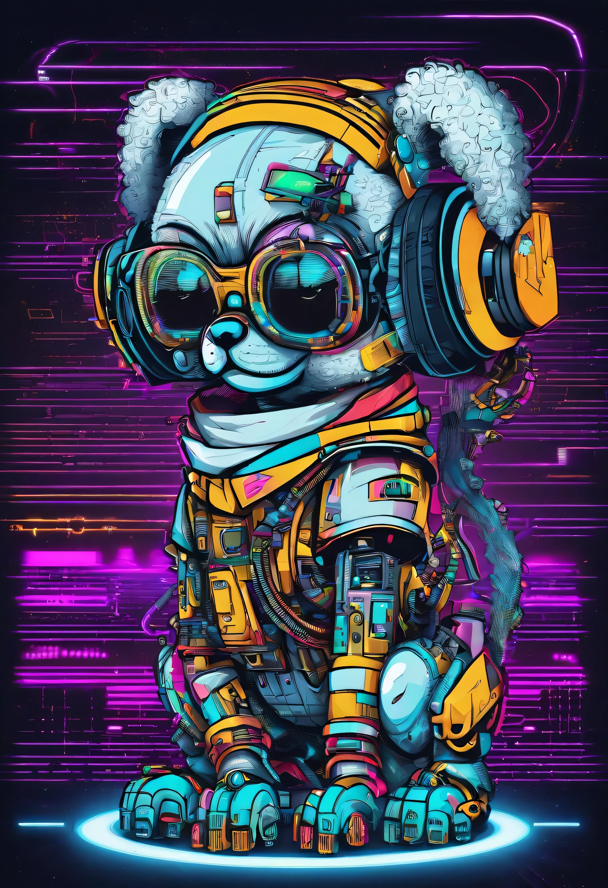 cool and trendy poodle, rainbow colored hair, yellow eyes, wear trendy hip hop clothes, wearing a hoodie, Graphic T-shirt and ripped jeans, Many tattoos and piercings, doodle style background, highly detailed background, perfect masterpiece, high quality, High resolution