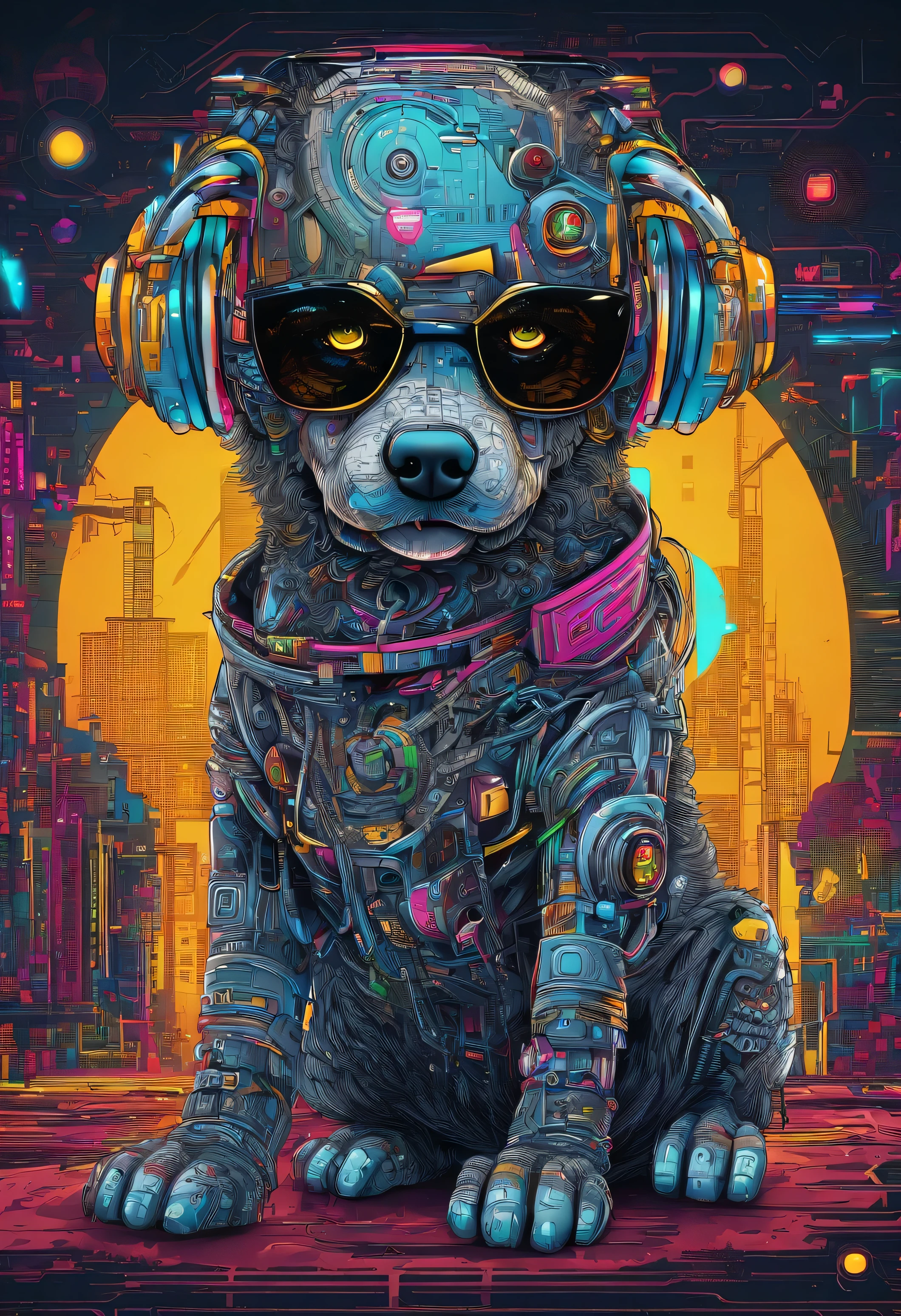 cool and trendy poodle, rainbow colored hair, yellow eyes, wear trendy hip hop clothes, wearing a hoodie, Graphic T-shirt and ripped jeans, Many tattoos and piercings, doodle style background, highly detailed background, perfect masterpiece, high quality, High resolution