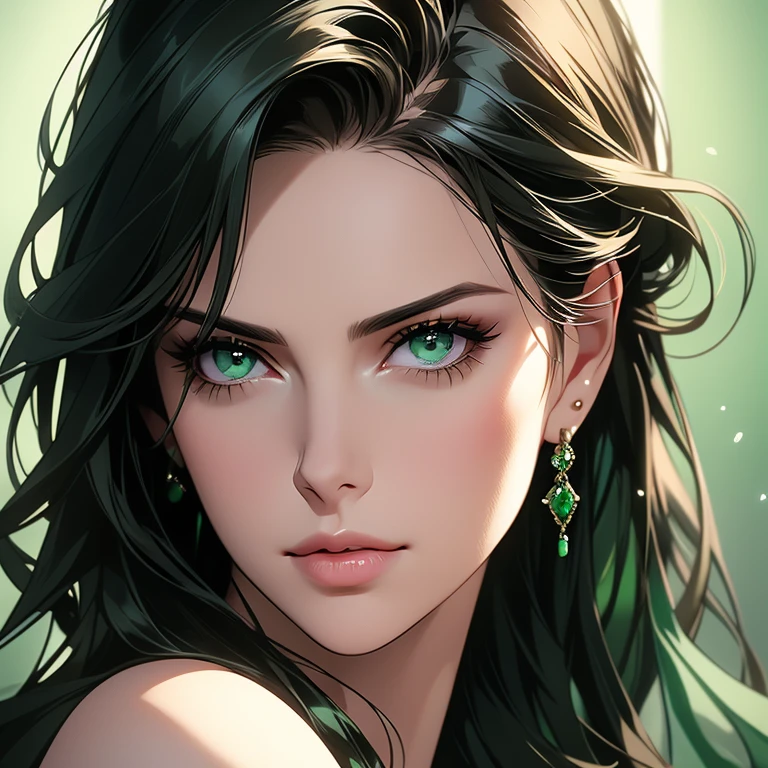 best quality,ultra-detailed,realistic),beautiful detailed green eyes,close-up portrait,Charlize Theron with mesmerizing eyes,graceful and confident posture,soft lighting,dark green background,vibrant colors,hint of mystery and allure,photorealistic rendering,striking beauty,studio shot,sharp focus,intense gaze,sophistication and elegance,subtle smile,high resolution,professional photography,hint of drama,celebrity beauty,perfect complexion,long dark lashes,long wavy brunette hair,subtle makeup,flawless skin,expressive eyes,enchanted beauty,subtle highlights on the face,subtle shadows,subtle reflection in the eyes,faint hint of greenery,emerald green mesmerizing gaze,mesmerizing and captivating presence.