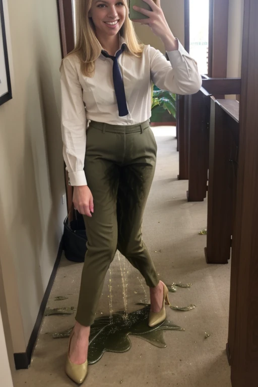tall blonde, olive green business pants, heels, ((pee stain)), show heels, heels filled with pee, shins of pants are soaked with pee, pants really soaked with pee, pee stain is shiny wet, inviting smile, taking a selfie