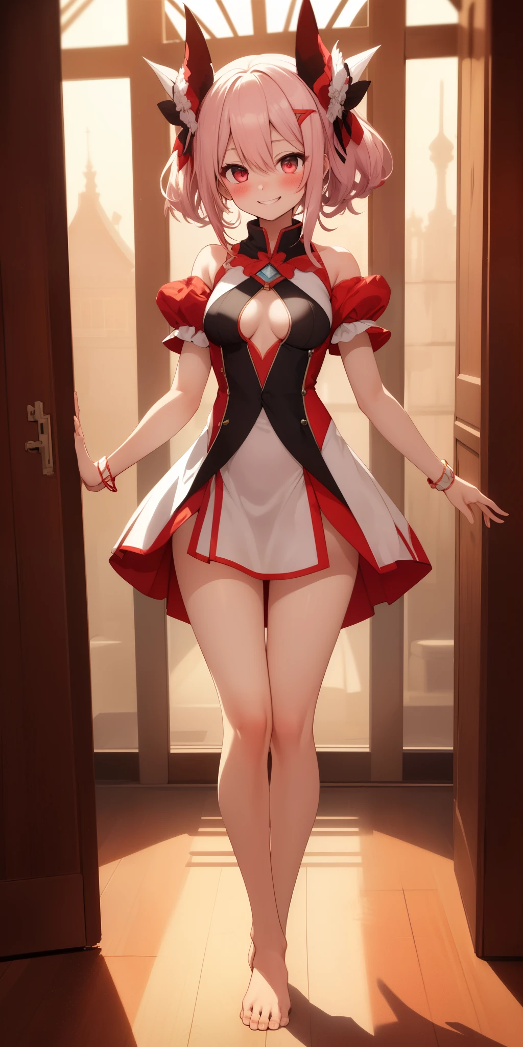 Body position: Standing, straight, symmetrical, barefoot, Lustful smile on face with red blush, 1girl,