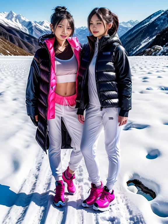 very detailed、masterpiece、(snow mountain background):1.3、a woman in a (white down vest at northface):1.4, white puffer vest and black pants posing for a picture, model is wearing techtical vest, sportswear, sportswear, かわいいsportswear, nanocarbon-vest, white!!, white coat, tech wear women pictures, 2 techwear women, catalog photo, stylish coat for rave, full body photo, future inflatable jacket, Miko, Kim Woo