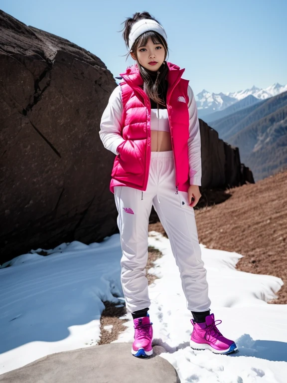 very detailed、masterpiece、(snow mountain background):1.3、a woman in a (white down vest at northface):1.4, white puffer vest and black pants posing for a picture, model is wearing techtical vest, sportswear, sportswear, かわいいsportswear, nanocarbon-vest, white!!, white coat, tech wear women pictures, 2 techwear women, catalog photo, stylish coat for rave, full body photo, future inflatable jacket, Miko, Kim Woo