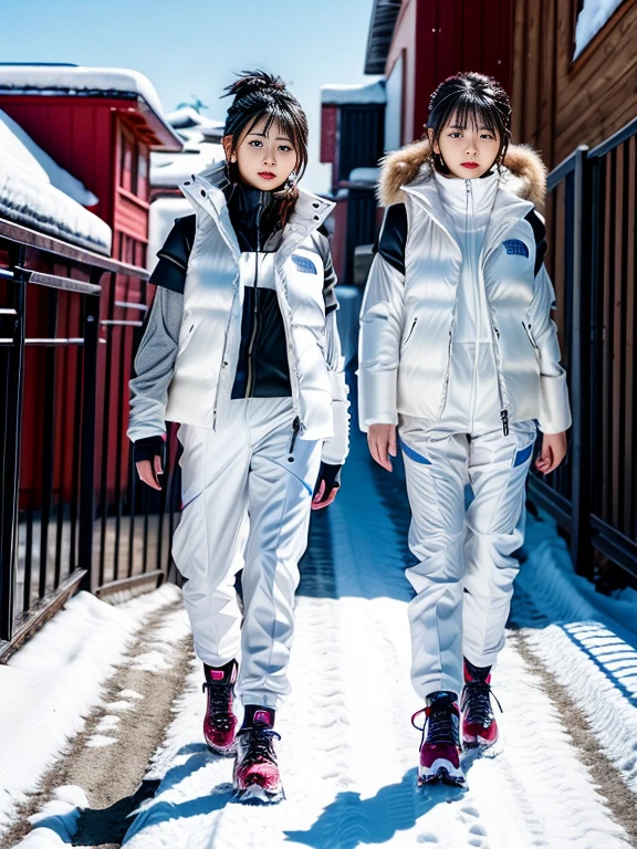 very detailed、masterpiece、(snow mountain background):1.3、a woman in a (white down vest at northface):1.4, white puffer vest and black pants posing for a picture, model is wearing techtical vest, sportswear, sportswear, かわいいsportswear, nanocarbon-vest, white!!, white coat, tech wear women pictures, 2 techwear women, catalog photo, stylish coat for rave, full body photo, future inflatable jacket, Miko, Kim Woo