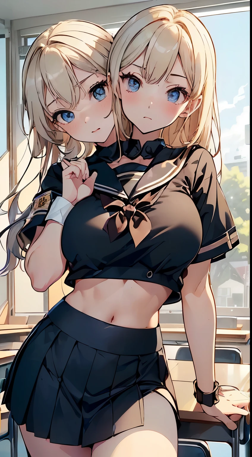 top-quality、Top image quality、masterpiece、girl with((18year old、Sailor suit with short sleeves、Black Sports Bra, (two_heads:1.2), Blue short skirt、Best Bust、Bust 85, blond hair、Longhaire、Blue eyes、open chest wide、Happiness、Black wristband on wrist、A slender、Shy face、耳环、all fours pose,Get closer to your audience、The gesture of pulling up the hair、Dye cheeks))hiquality、visualart、Romance movie style、Background with((After-school classroom))、masutepiece、
