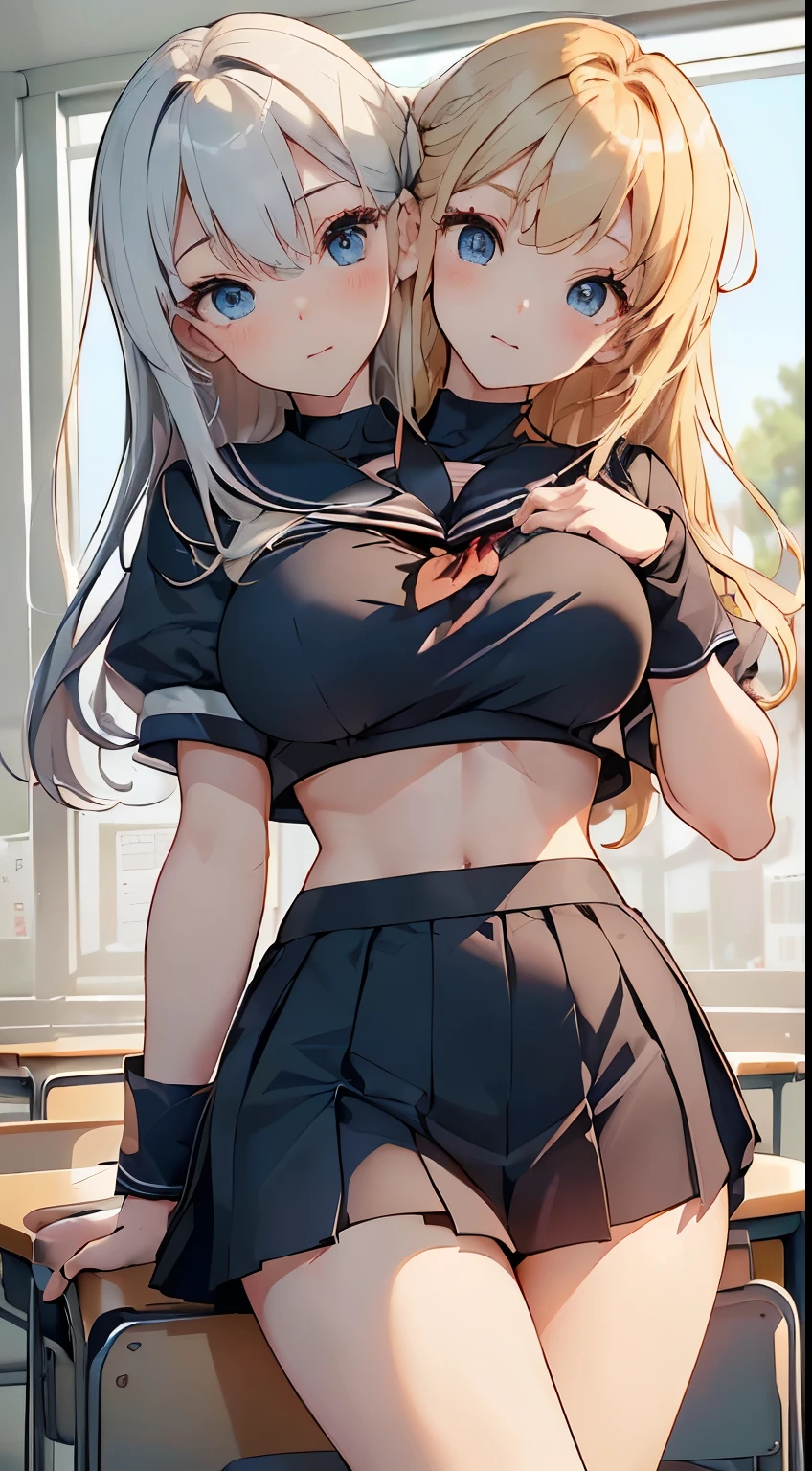 top-quality、Top image quality、masterpiece、girl with((18year old、Sailor suit with short sleeves、Black Sports Bra, (two_heads:1.2), Blue short skirt、Best Bust、Bust 85, blond hair、Longhaire、Blue eyes、open chest wide、Happiness、Black wristband on wrist、A slender、Shy face、耳环、all fours pose,Get closer to your audience、The gesture of pulling up the hair、Dye cheeks))hiquality、visualart、Romance movie style、Background with((After-school classroom))、masutepiece、