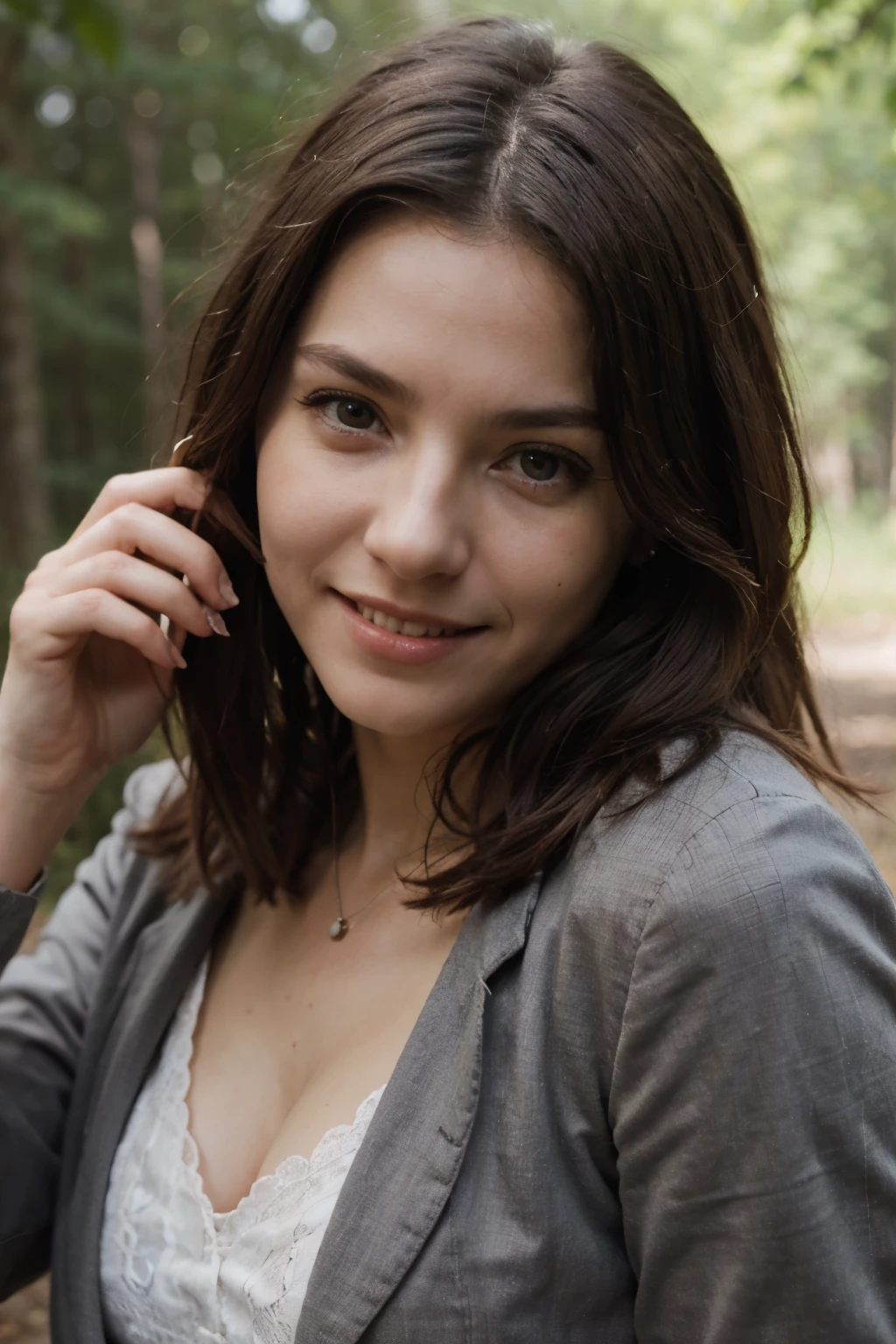 25 Jahre, mittelbraunen Haare, 8k, High Resolution, im wald, lacht in die kamera, Shows teeth