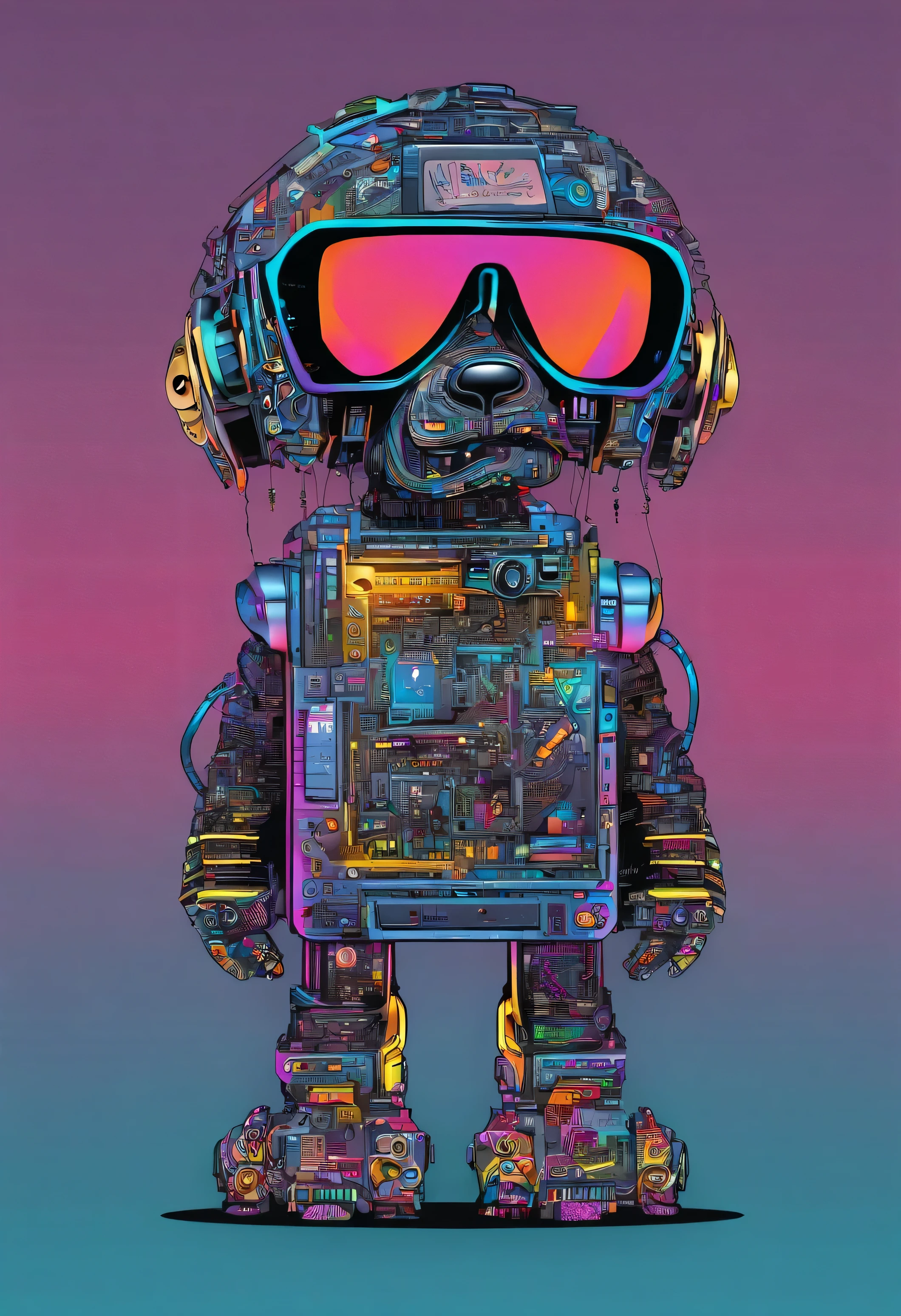 cool and trendy poodle, rainbow colored hair, yellow eyes, wear trendy hip hop clothes, wearing a hoodie, Graphic T-shirt and ripped jeans, Many tattoos and piercings, doodle style background, highly detailed background, perfect masterpiece, high quality, High resolution
