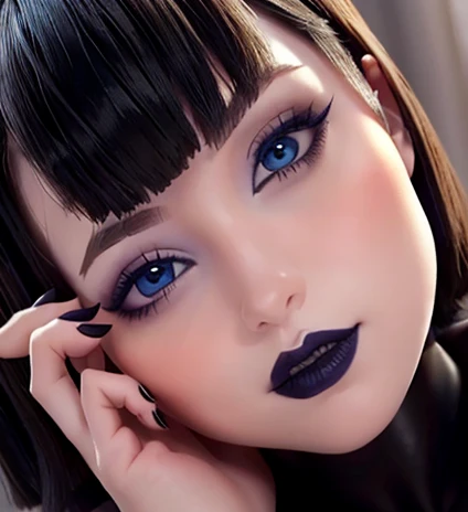 Fine and detailed face perfect blue eyes pale skin gothic makeup full lips sensual and provocative smile image 1.2 pelo negro corto con flequillo estilo bob, biting your nails