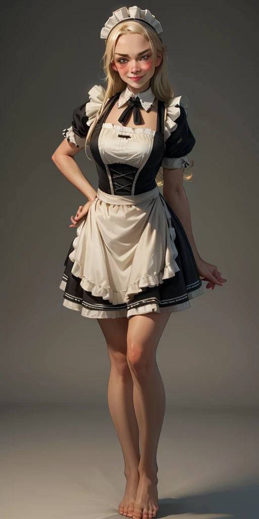 1girl, cute, ((Short black hair girl and long blonde hair girl)), maid victorian, maid apron, straight face, dazed, Body position: Standing, straight, symmetrical, barefoot, Lustful smile on face with red blush,