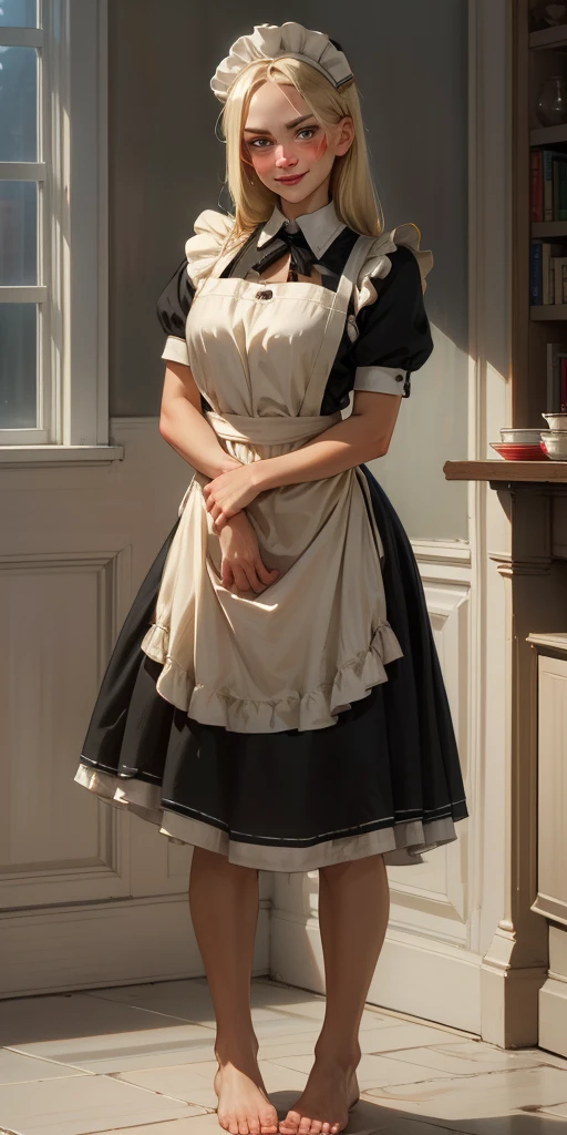 1girl, cute, ((Short black hair girl and long blonde hair girl)), maid victorian, maid apron, straight face, dazed, Body position: Standing, straight, symmetrical, barefoot, Lustful smile on face with red blush,