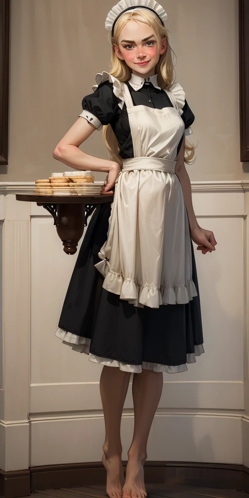 1girl, cute, ((Short black hair girl and long blonde hair girl)), maid victorian, maid apron, straight face, dazed, Body position: Standing, straight, symmetrical, barefoot, Lustful smile on face with red blush,