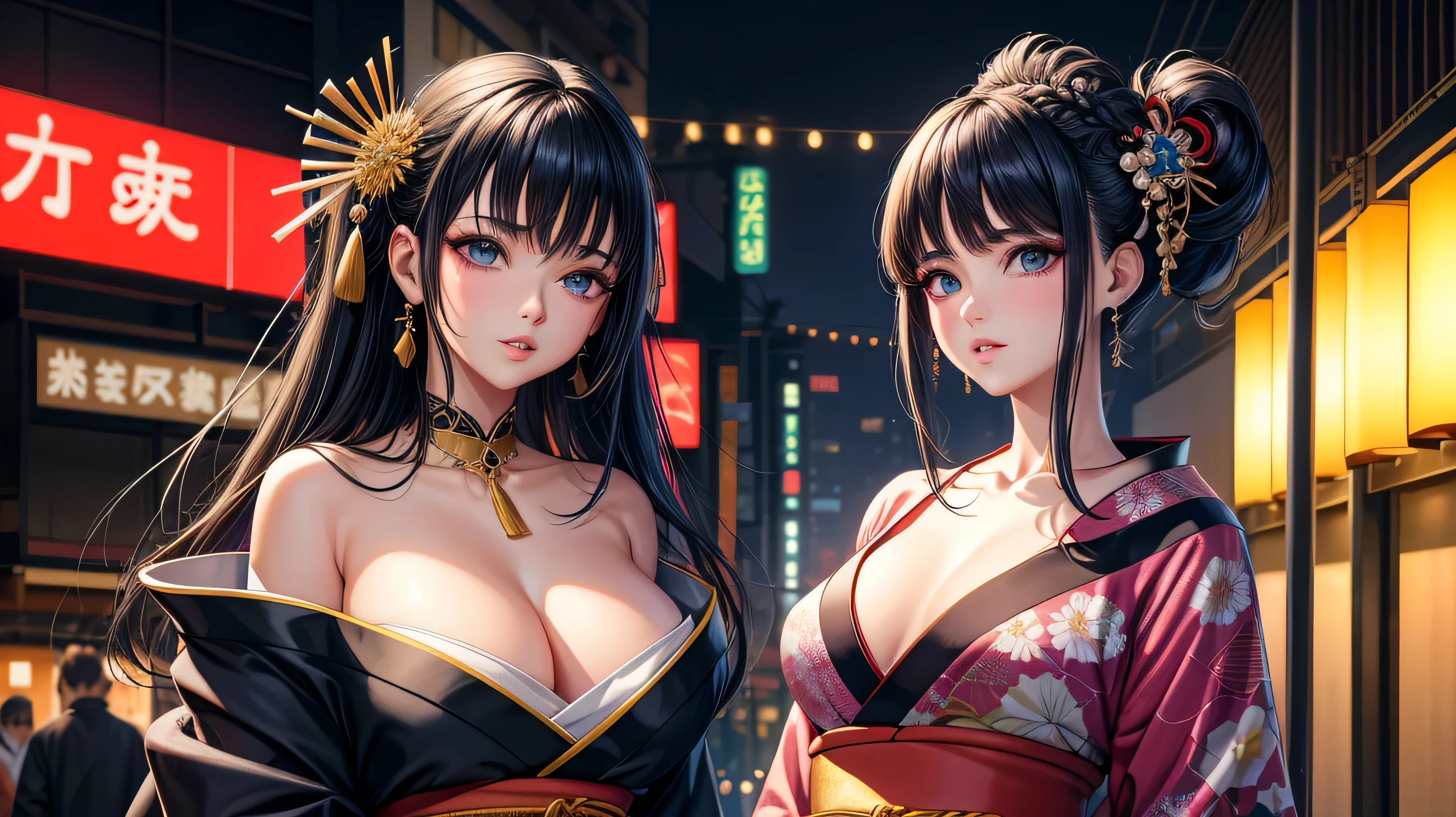 realista, 1 garota, seios grandes, cabelo ruivo, olhos roxos, olhos brilhantes, corte superior, kimono, neckline parted lips, corar, noite, fundo rua de tokyo, estilo cyberpunk, 8k, full hd, cinematographic
