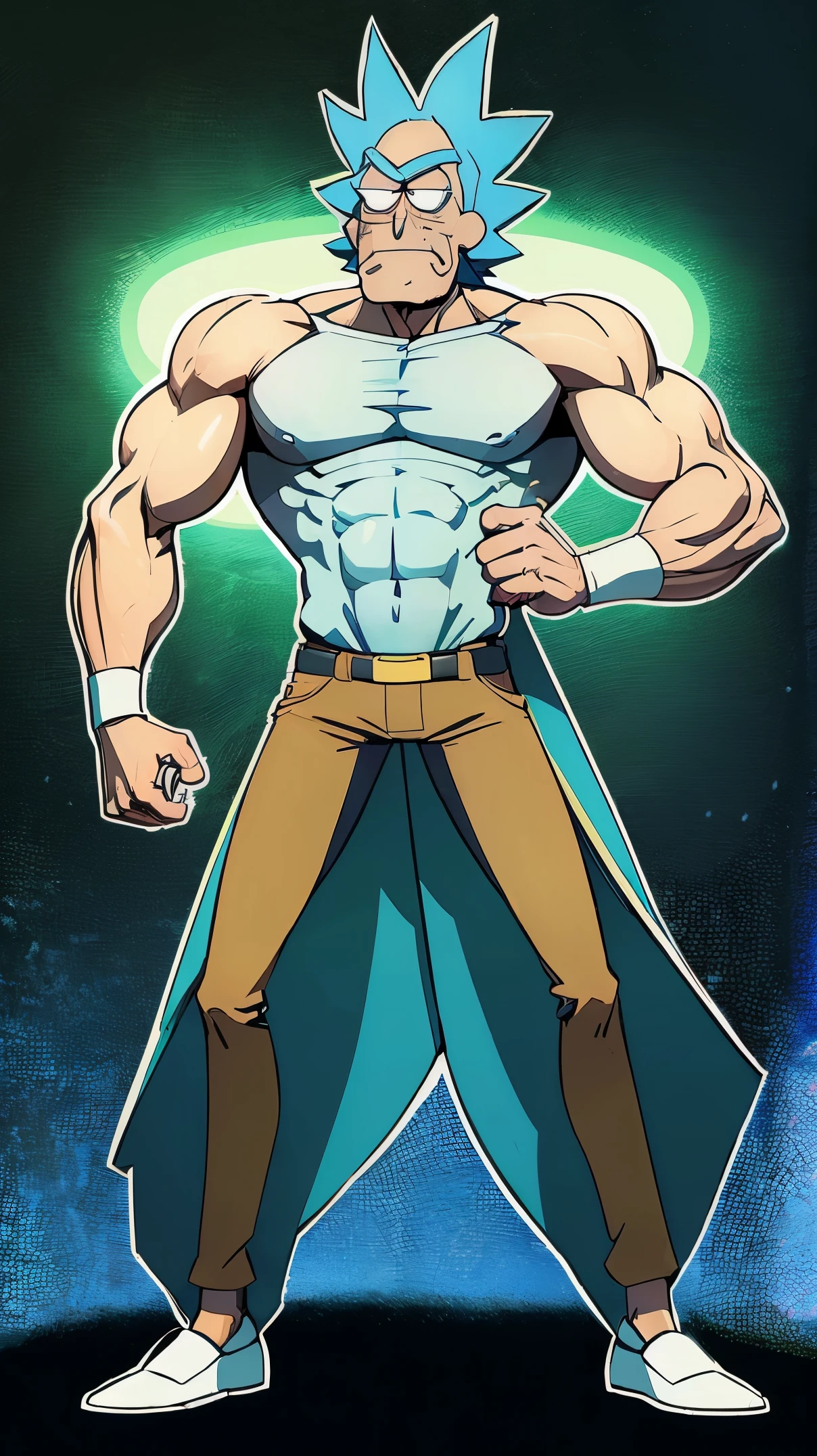 Draw a fully muscular Rick and Morty character specifically to ((RICK)), el personaje RICK de rick and morty musculoso, fuerte, con brazos musculados, piernas musculadas, usando su bata blanca de laboratorio, his brown pants, y mantener la cara de RICK, Character characteristics (((musculoso, fuerte, marked muscles, huge muscles, big muscles)))