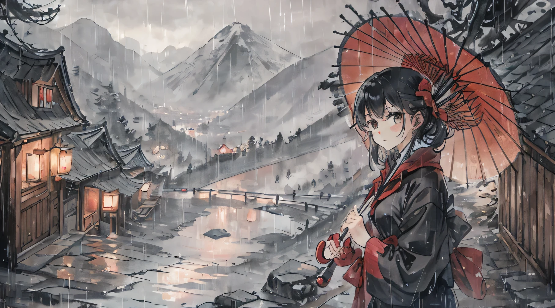 woman holding umbrella in rainy mountain town