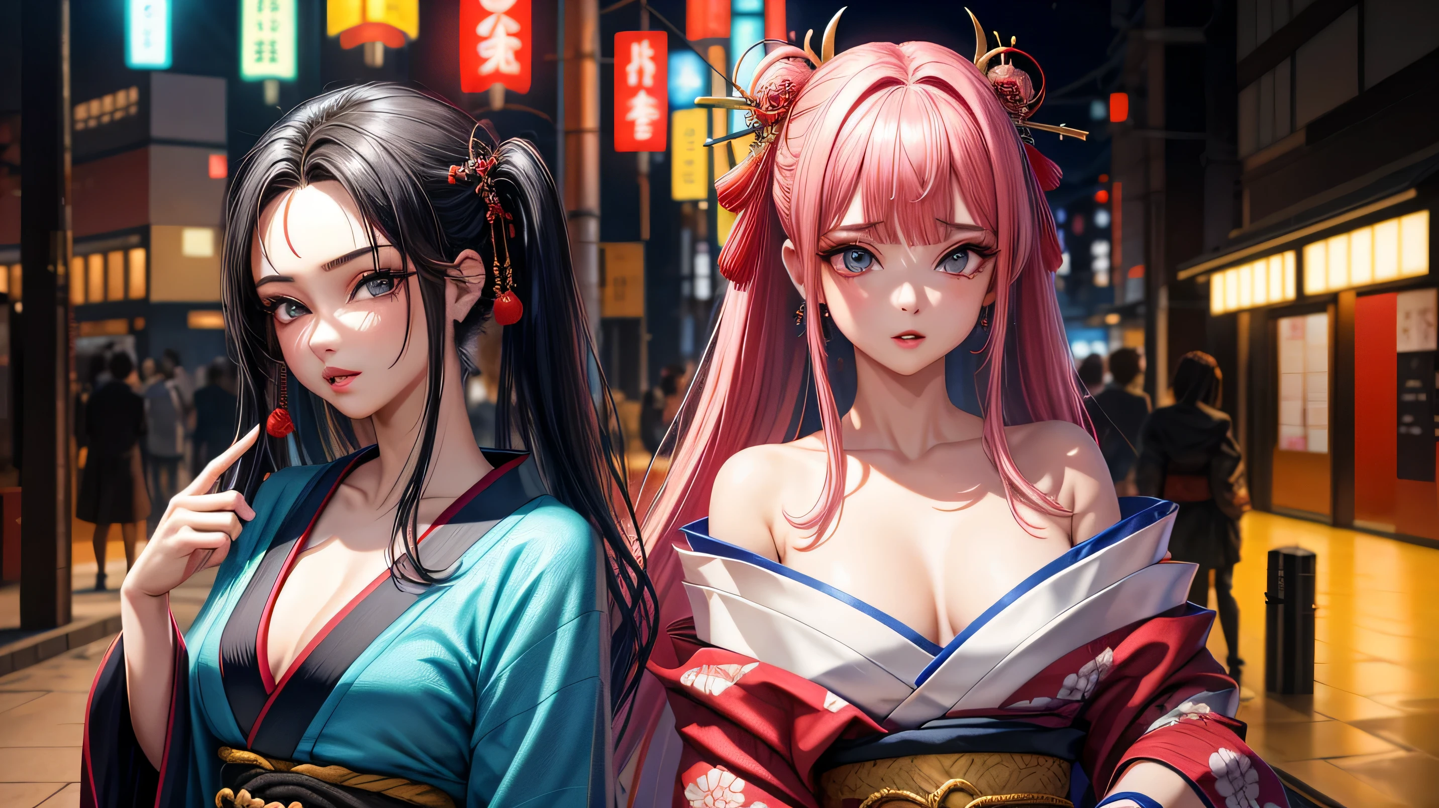 realista, 1 garota, seios grandes, cabelo vermelho, olhos roxos, olhos brilhantes, corte superior, kimono, neckline parted lips, corar, noite, fundo rua de tokyo, estilo cyberpunk, 8k, full hd, cinematographic
