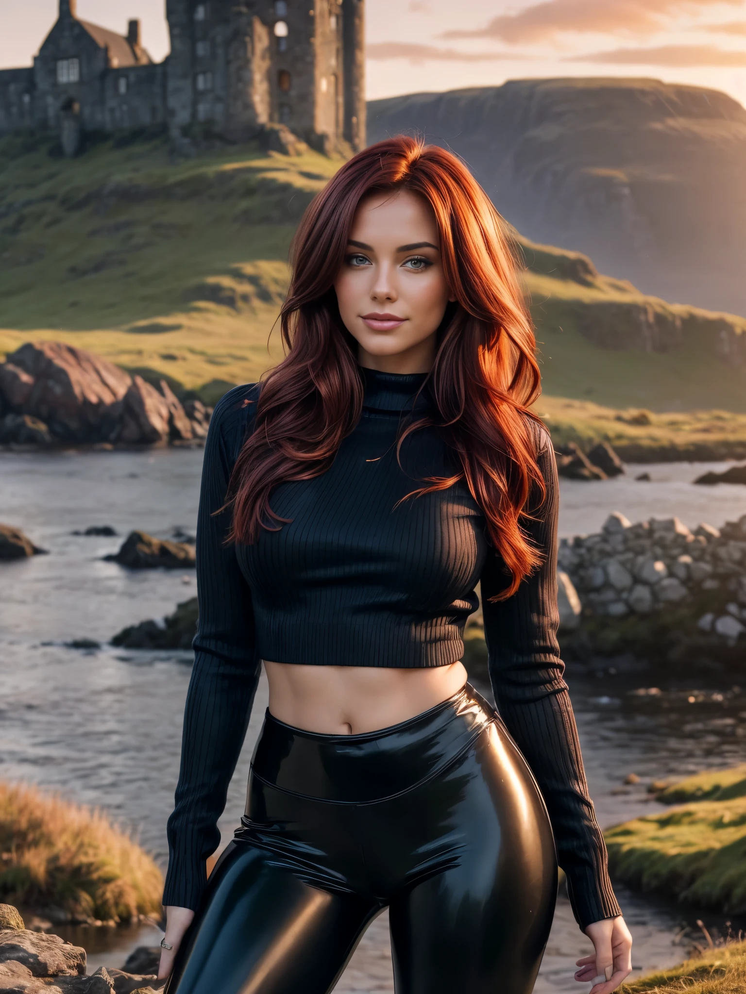 a gorgeous European woman, wavy crimson red hair in the wind. she's a men magazine model, She has a subtle smile and flirts with the camera, (she wears leather shirt), (with a long wool sweater and pvc leggings:1.2),background landscape of Scotland Loch and Scottish castle ruins, (in sunset light:1.2), 