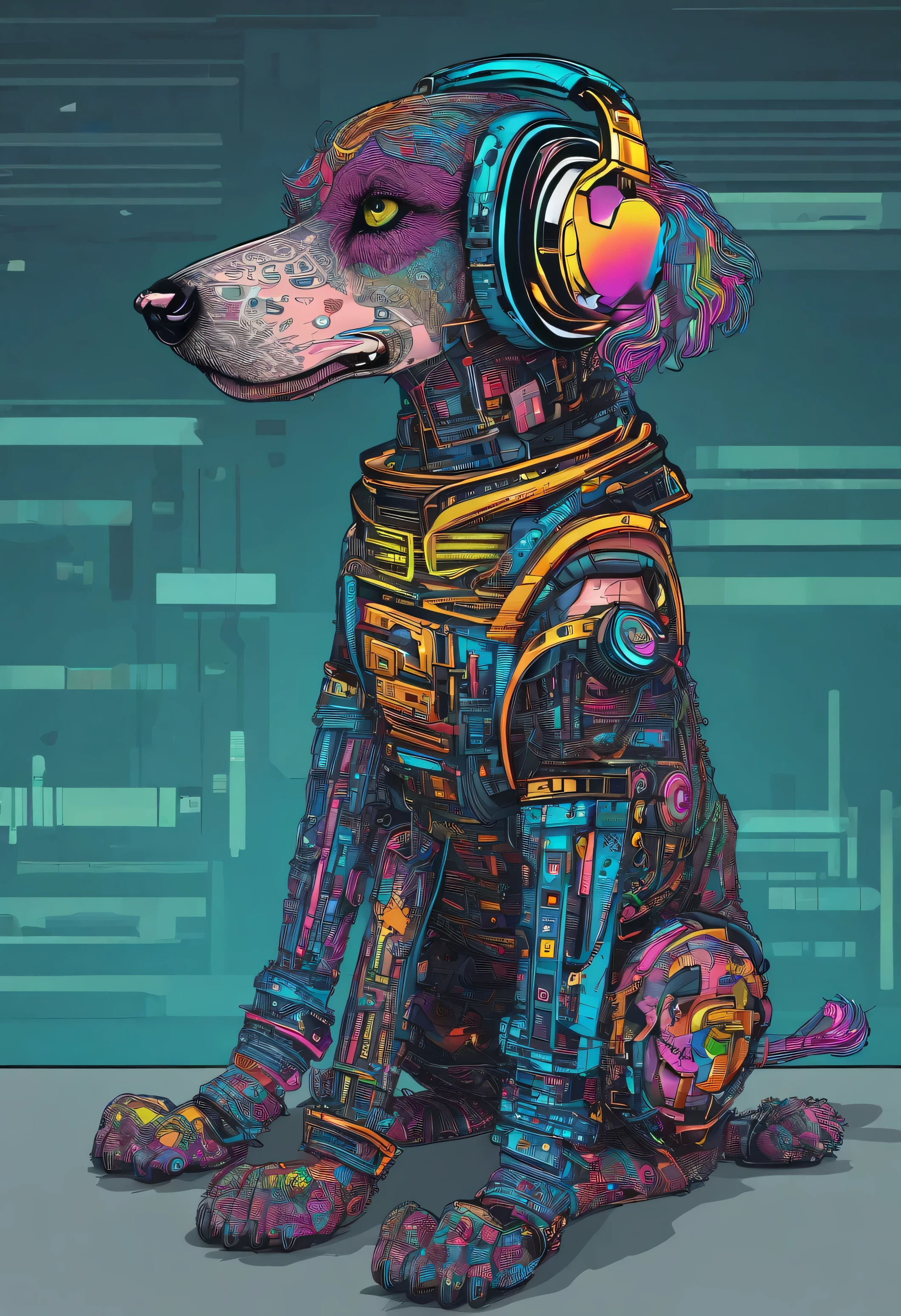 cool and trendy poodle, rainbow colored hair, yellow eyes, wear trendy hip hop clothes, wearing a hoodie, Graphic T-shirt and ripped jeans, Many tattoos and piercings, doodle style background, highly detailed background, perfect masterpiece, high quality, High resolution