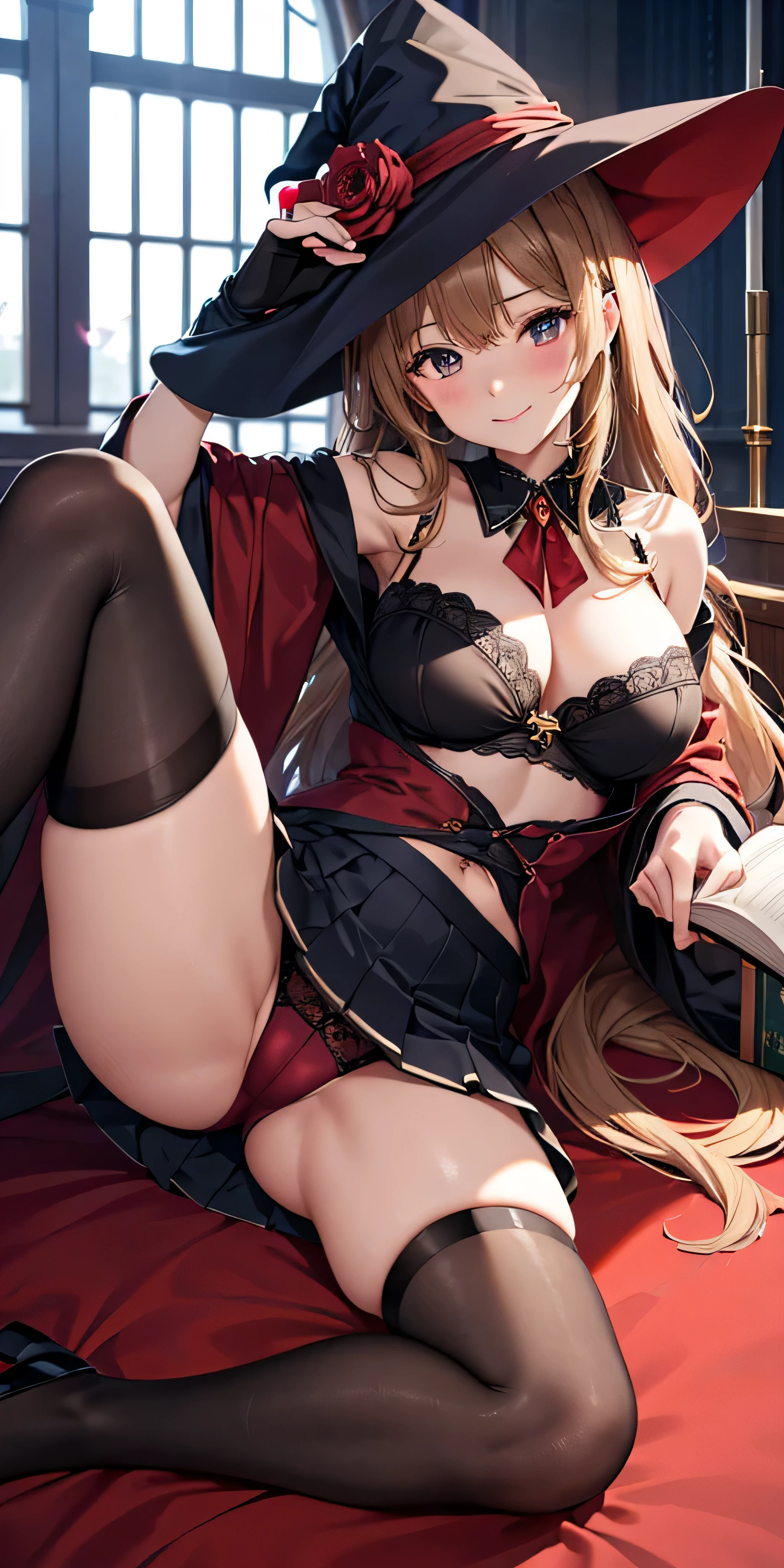 debris flies, highest quality, Highly detailed CG Unity 8K wallpaper, sexy witch , middle length hair、Dark blonde wavy hair、off shoulder knit, dark blue pleated skirt, stockings、medium breasts, saggy breasts, Pose that emphasizes the chest, blush, shy smile, bare shoulders, (((、open your legs wide、please open your knees)))、、nice magic book、church bed、lying in bed、stick out your butt、Red and black panties、Red and black bra
