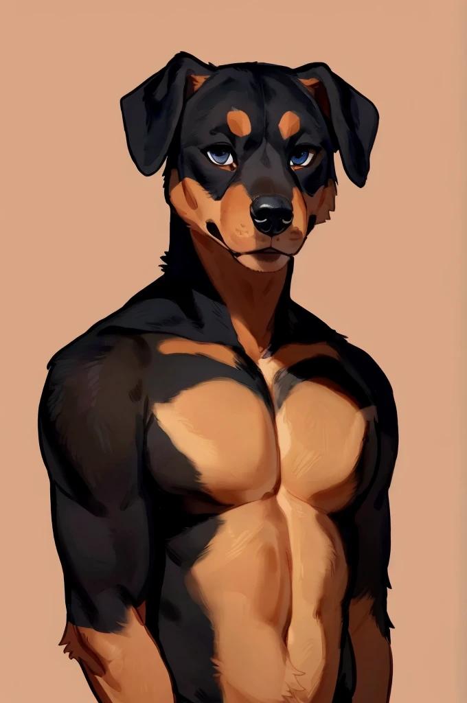 Solo, Furry, Anthro, Dobermann, Male, E621, Standing, Hands behind back, Wearing underwear, Simple background, Front view, by buta99, by bebebebebe, by chelodoy, by inu-sama
