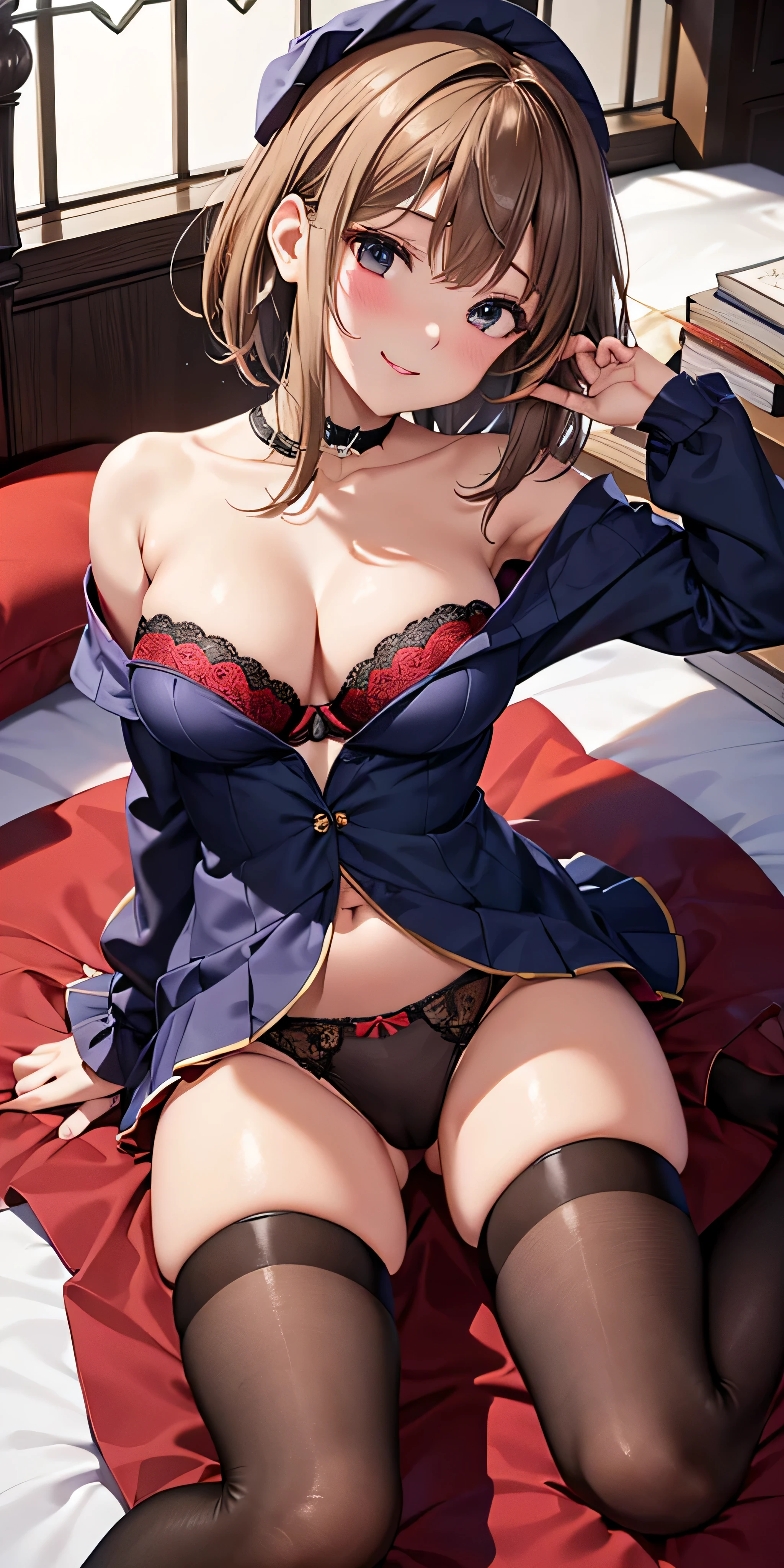 debris flies, highest quality, Highly detailed CG Unity 8K wallpaper, sexy witch , short hair、Dark blonde wavy hair、off shoulder knit, dark blue pleated skirt, stockings、medium breasts, saggy breasts, Pose that emphasizes the chest, blush, shy smile, bare shoulders, (((、open your legs wide、please open your knees)))、、nice magic book、church bed、lying in bed、stick out your butt、Red and black panties、Red and black bra