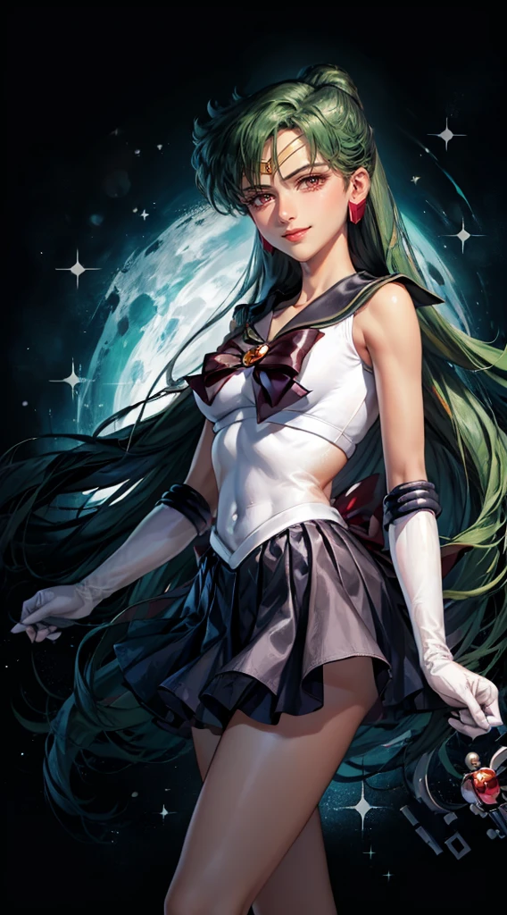 Masterpiece, Best Quality, High Resolution, 1girl, Solo, Ponytail, Green Hair, (Elbow Gloves), Headdress, dark red Bow, Tight Top, (Black Sailor Collar), White Gloves, Earrings, Smile, Pure Background, Clean Background, white Background, Black Skirt, (Sailor Pluto Uniform), (Sailor Pluto Uniform), Standing, Leng Jun, White Top, Elbow Gloves, black boot, walking on the floor