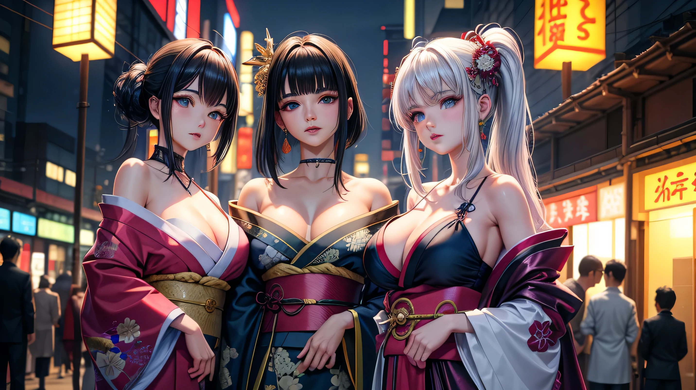 realista, 1 garota, seios grandes, cabelo loiro, olhos roxos, olhos brilhantes, corte superior, kimono, neckline parted lips, corar, noite, fundo rua de tokyo, estilo cyberpunk, 8k, full hd, cinematographic
