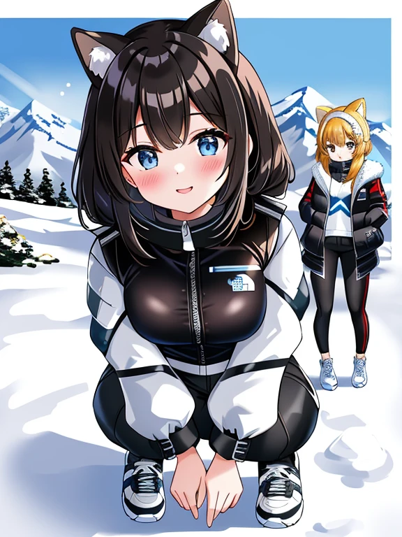 very detailed、masterpiece、(snow mountain background):1.3、a woman in a (white down vest at northface):1.4, white puffer vest and black pants posing for a picture, model is wearing techtical vest, sportswear, sportswear, かわいいsportswear, nanocarbon-vest, white!!, white coat, tech wear women pictures, 2 techwear women, catalog photo, stylish coat for rave, full body photo, future inflatable jacket, Miko, Kim Woo
