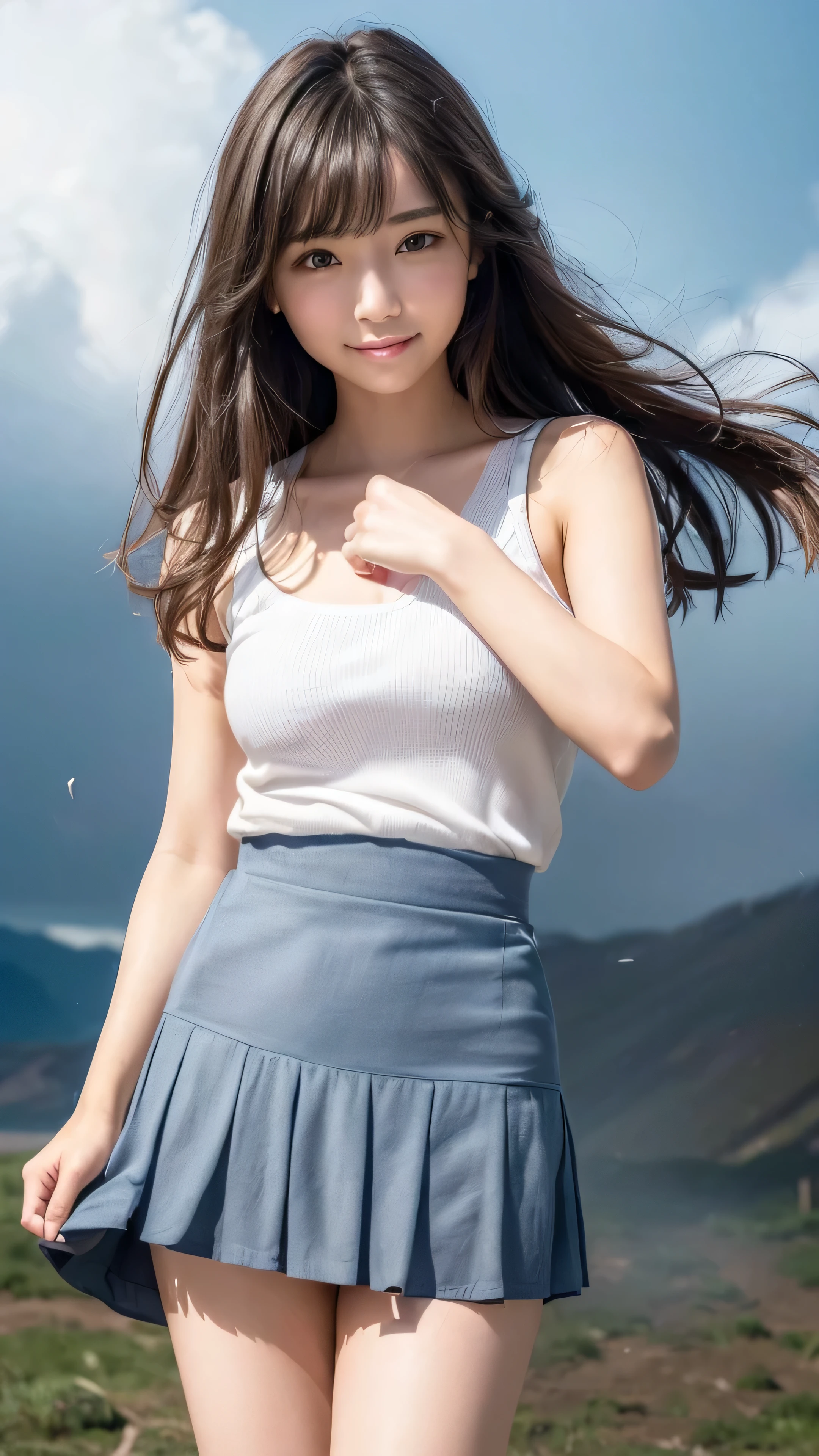 masterpiece、japanese woman, 20-year-old, Beautiful woman、long black wavy hair、bangs、plump bust、Spring-like outfit、 cute smile、((Pose that emphasizes the buttocks、looked back))、sexy hips、white high heels、big necklace、((((the wind blew my skirt, expose my panties...))))、(White lace panties)、cute earrings、(head slightly tilted)