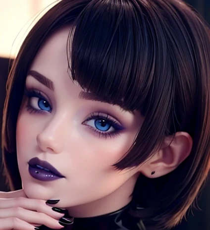 Fine and detailed face perfect blue eyes pale skin gothic makeup full lips sensual and provocative smile image 1.2 pelo negro corto con flequillo estilo bob, biting your nails