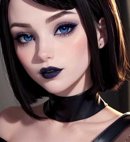 Fine and detailed face perfect blue eyes pale skin gothic makeup full lips sensual and provocative smile image 1.2 pelo negro corto con flequillo estilo bob, biting your nails