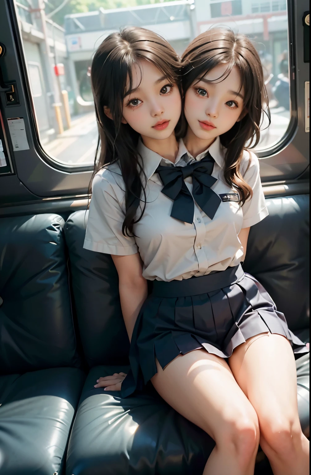 arafed asian woman in a short skirt and bow tie sitting on a train, (two_heads:1.3), cute schoolgirl, japanese girl school uniform, wearing japanese school uniform, japanese school uniform, a hyperrealistic schoolgirl, dressed as schoolgirl, hyperrealistic schoolgirl, wearing school uniform, realistic schoolgirl, girl wearing uniform, wearing a school uniform, of a schoolgirl posing, full body, nice skin, glowing skin, nice thighs,glowing thigh, glowing legs, ((panty))