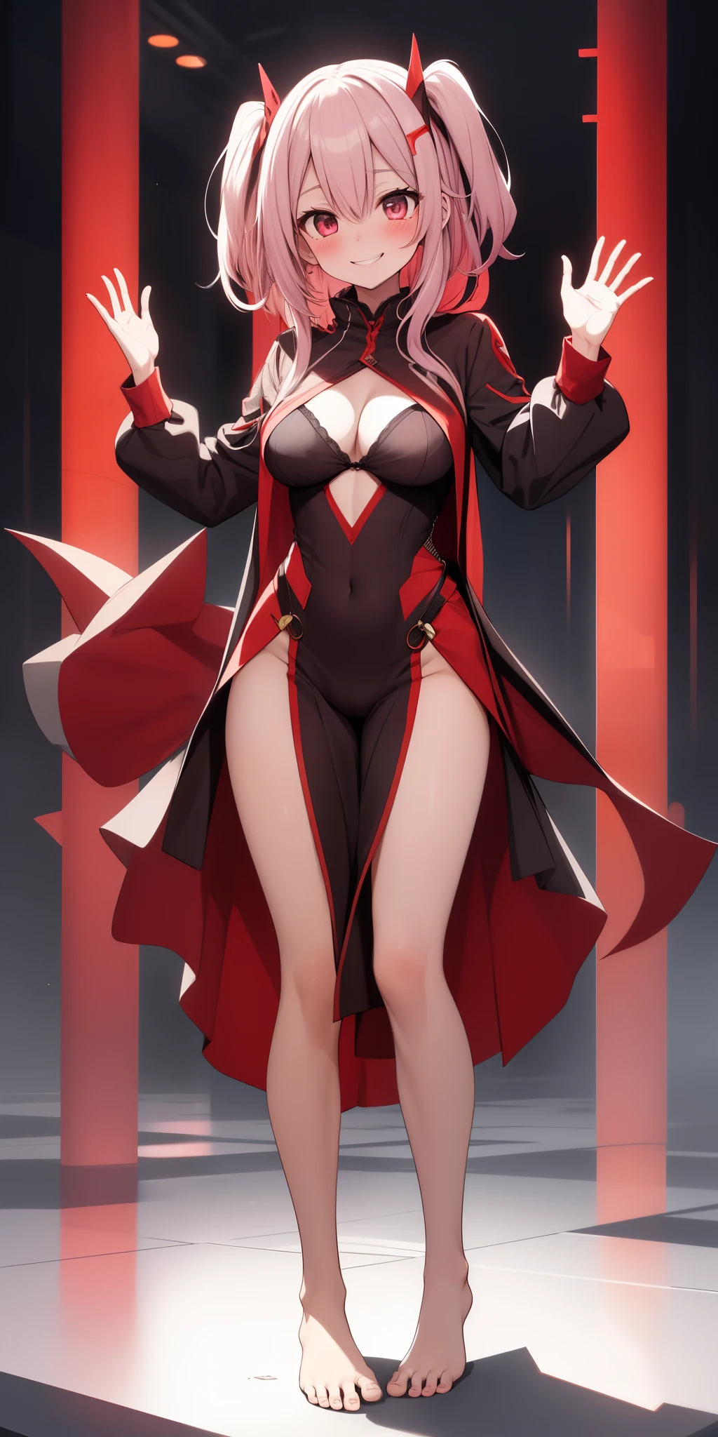 Body position: Standing, straight, symmetrical, barefoot, Lustful smile on face with red blush, 1girl,