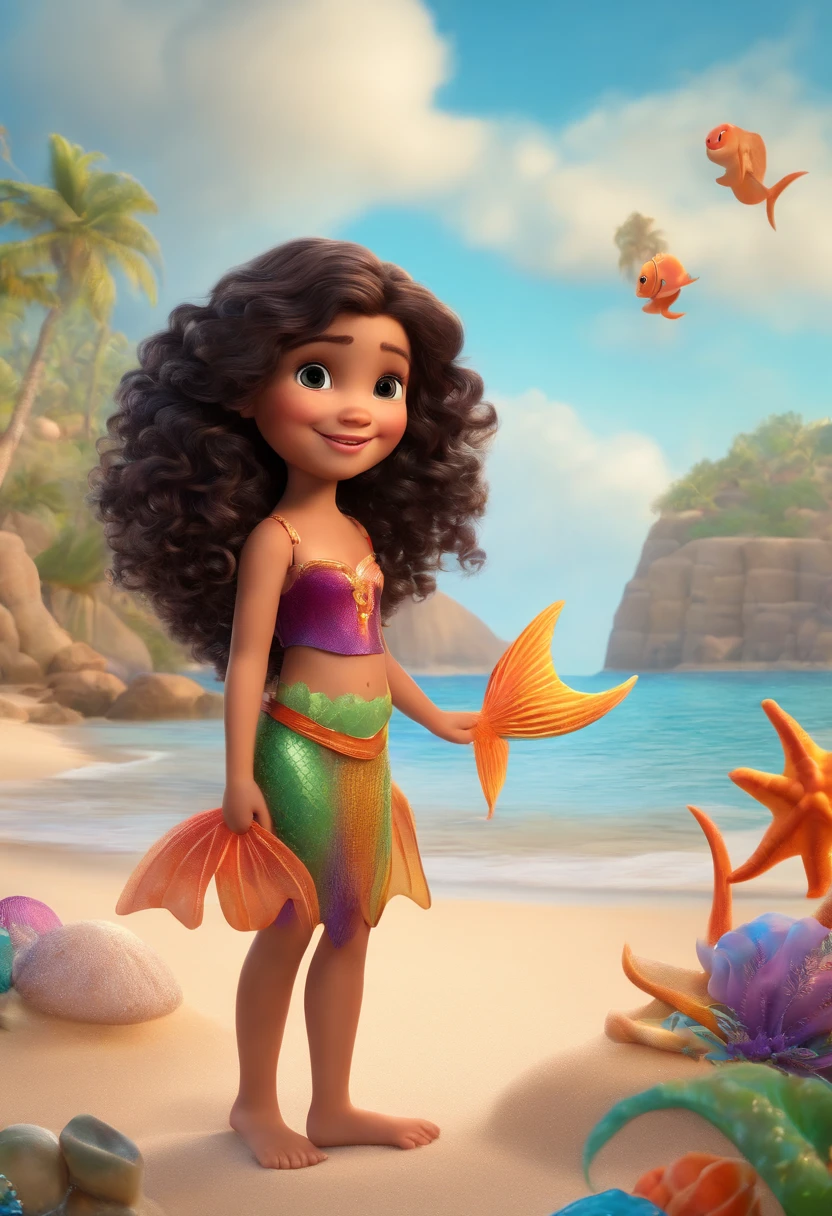 3d pixar style poster, 4 girl, brunette with curly black hair with brown eyes, small eyes, small nose, small and delicate mouth, dressed as a mermaid on the beach