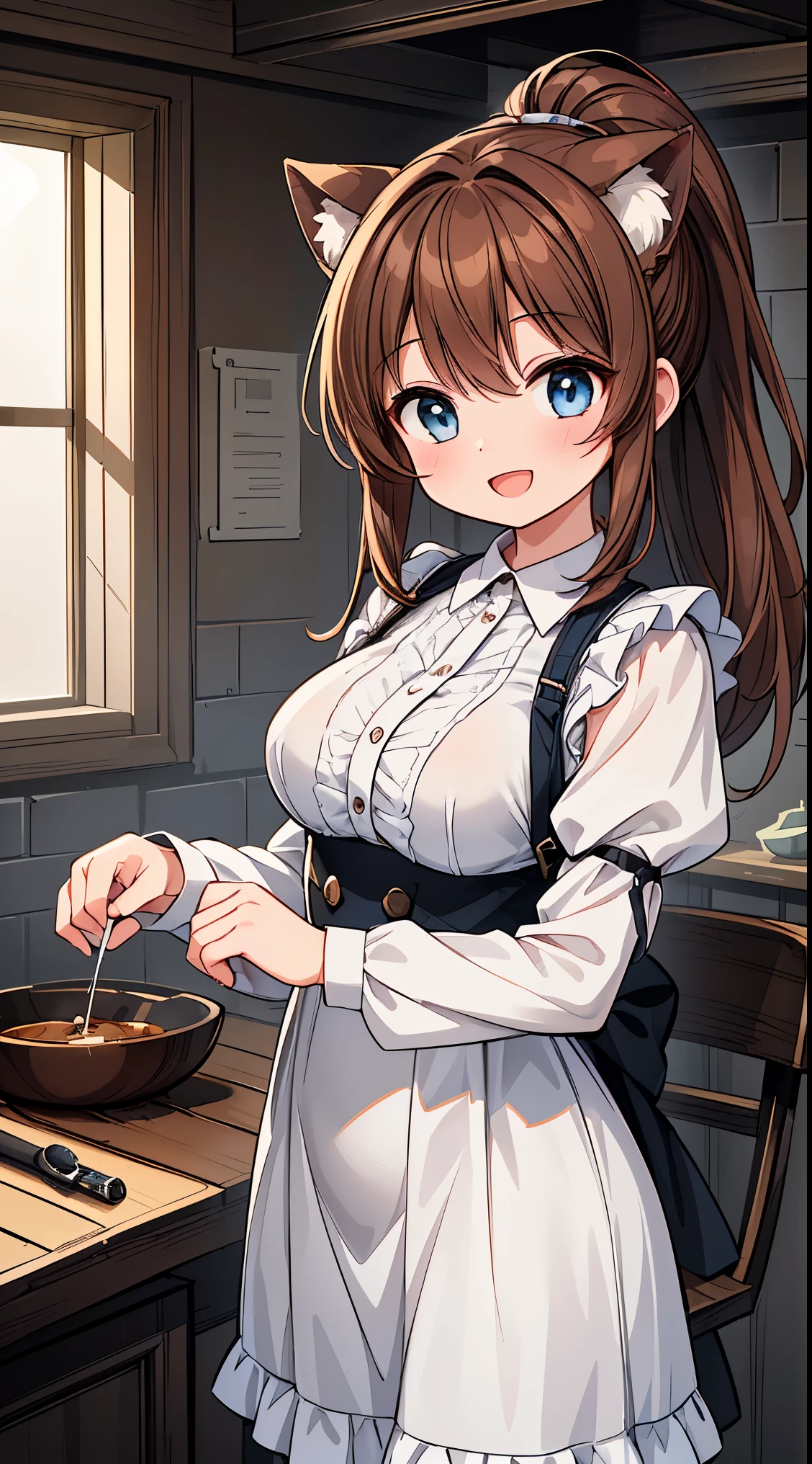 NSFW, breast, wide hips, maid outfit, knee high socks, brown hair, animal ears, collar, solo, broom, one female, green eyes, cute, smile, closed mouth, black outfit, apron,