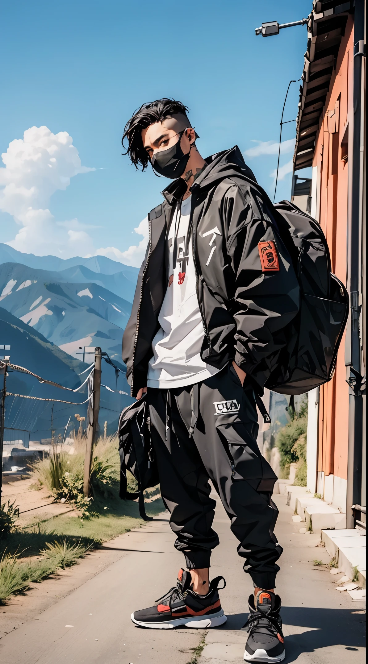 A man wearing a mask in the hills, with hand upping middle finger, full body, cool outfit