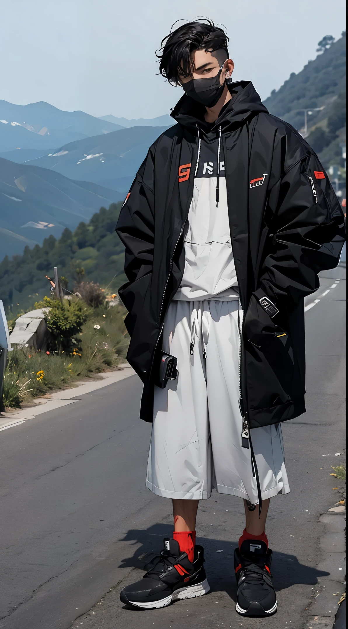 A man wearing a mask in the hills, with hand upping middle finger, full body, cool outfit