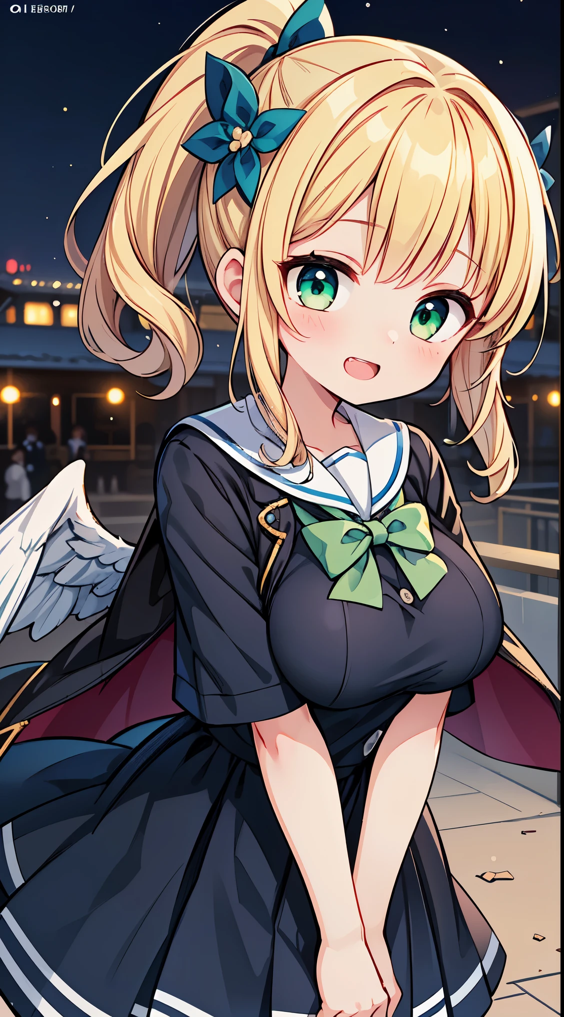 (masterpiece, top quality, best quality, official art, beautiful and aesthetic:1.2),ultra-detailed,intricate details,amazing illustration,award-winning art,atmospheric,
BREAK, 1 beautiful girl, girl, (cute:1.5),(Little:0.5),(cute:2.0),(change:2.0),(12 year old girl),(big breasts:1.65),(chin hair,blonde,blue bow,green eyes,Eyebrows visible through the hair,side lock,long hair with bangs parted, hair flower, hair ornaments, big ribbon in hair, curly hair, ponytail:1.6),:he, white feathers, one thin white wing, Ang he wings, spread your wings, shining wings),pit \black},glowing skin, beautiful skin, Shining beautiful skin, open your mouth, bashful smile, alone, tooth, upper teeth,(long eyheashes, double eyheids:1.2),alone, glowing skin, beautiful skin, Shining beautiful skin,(highest quality face),(highest quality shining eyes),
BREAK,
train,station,(a girl), platform, snow, (coat:1.1),Yamanote line, (school uniform:1.2),
BREAK,wakame,wakame,wakame,(Cowboy Shot:1.4),
BREAK,(Blurry background:1.3),(absurderes, hight resolution, Super Detail Art),cel shading,Clear Color, Lonely optical effect, Beautiful pictures, Bright glow, mystic atmosphere,(Close-up of girl:1.1), Mystical light particle effect,manga influence, clean line drawings,