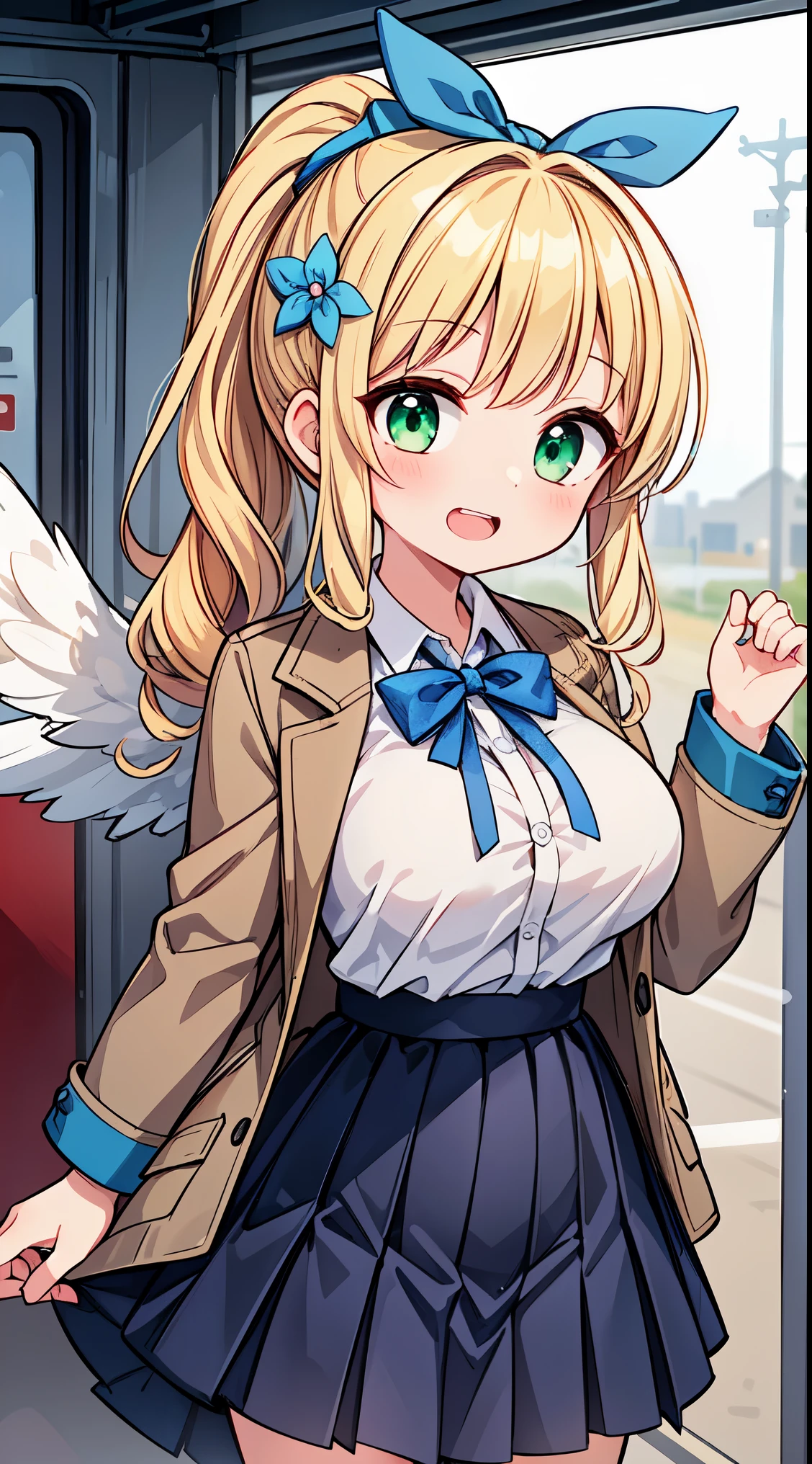 (masterpiece, top quality, best quality, official art, beautiful and aesthetic:1.2),ultra-detailed,intricate details,amazing illustration,award-winning art,atmospheric,
BREAK, 1 beautiful girl, girl, (cute:1.5),(Little:0.5),(cute:2.0),(change:2.0),(12 year old girl),(big breasts:1.65),(chin hair,blonde,blue bow,green eyes,Eyebrows visible through the hair,side lock,long hair with bangs parted, hair flower, hair ornaments, big ribbon in hair, curly hair, ponytail:1.6),:he, white feathers, one thin white wing, Ang he wings, spread your wings, shining wings),pit \black},glowing skin, beautiful skin, Shining beautiful skin, open your mouth, bashful smile, alone, tooth, upper teeth,(long eyheashes, double eyheids:1.2),alone, glowing skin, beautiful skin, Shining beautiful skin,(highest quality face),(highest quality shining eyes),
BREAK,
train,station,(a girl), platform, snow, (coat:1.1),Yamanote line, (school uniform:1.2),
BREAK,wakame,wakame,wakame,(Cowboy Shot:1.4),
BREAK,(Blurry background:1.3),(absurderes, hight resolution, Super Detail Art),cel shading,Clear Color, Lonely optical effect, Beautiful pictures, Bright glow, mystic atmosphere,(Close-up of girl:1.1), Mystical light particle effect,manga influence, clean line drawings,