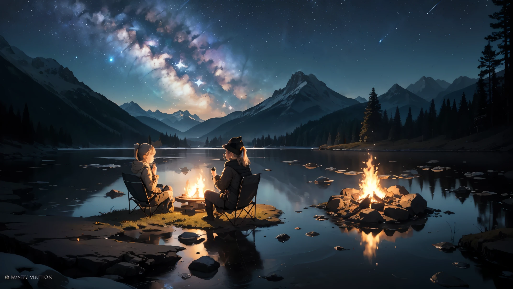masterpiece, best quality, ultra-detailed, illustration, 1girl, solo, outdoors, camping, night, mountains, nature, stars, moon, bonfire, tent, twin ponytails, green eyes, cheerful, happy, backpack, sleeping bag, camping stove, water bottle, mountain boots, gloves, sweater, hat, flashlight, forest, rocks, river, wood, smoke, shadows, contrast, clear sky, constellations, Milky Way, peaceful, serene, quiet, tranquil, remote, secluded, adventurous, exploration, escape, independence, survival, resourcefulness, challenge, perseverance, stamina, endurance, observation, intuition, adaptability, creativity, imagination, artistry, inspiration, beauty, awe, wonder, gratitude, appreciation, relaxation, enjoyment, rejuvenation, mindfulness, awareness, connection, harmony, balance, texture, detail, realism, depth, perspective, composition, color, light, shadow, reflection, refraction, tone, contrast, foreground, middle ground, background, naturalistic, figurative, representational, impressionistic, expressionistic, abstract, innovative, experimental, unique, blue tones